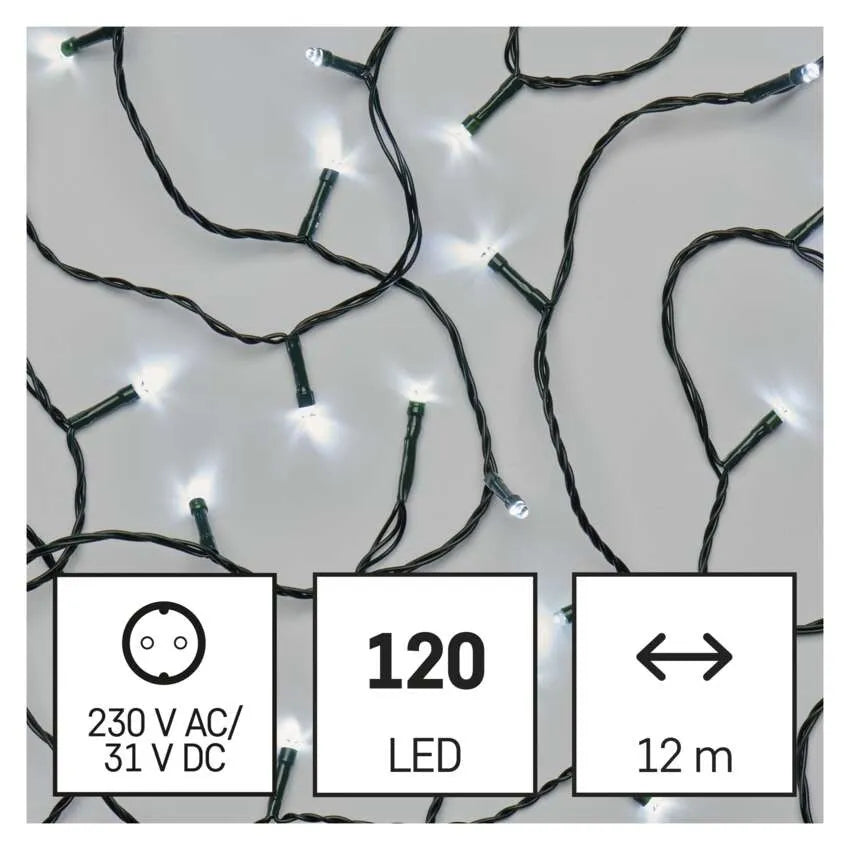 Božićne lampice, LED, hladno bijela, 8 načina rada, timer, IP44, 12m