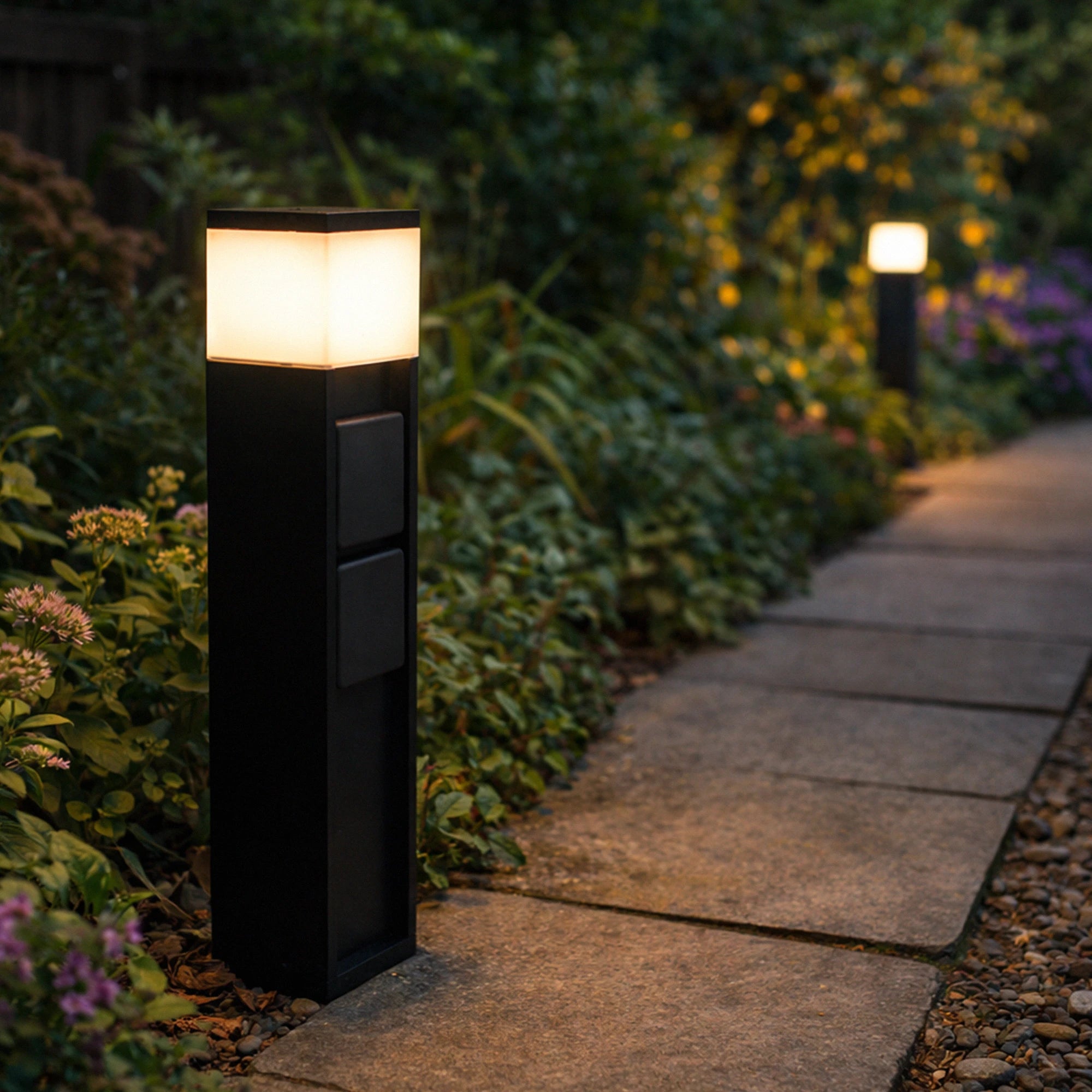 LED vrtni stup s utičnicama MAINS, 2 utičnice, mat crni, 7.5W, 3500W, IP54