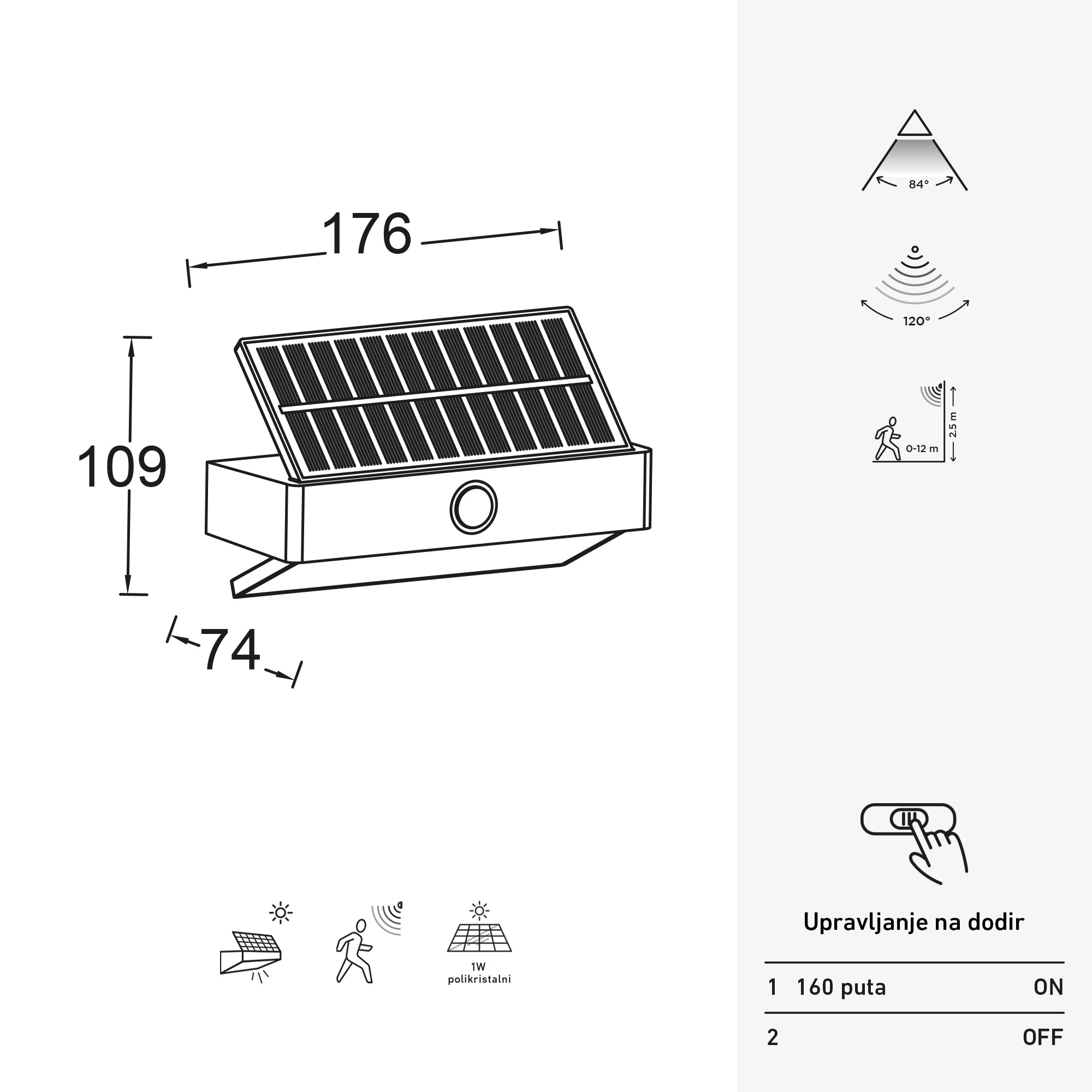 ARROW LED solarna zidna svjetiljka, senzor pokreta, tamno siva, 2.3W, 5000K, IP44, 109mm
