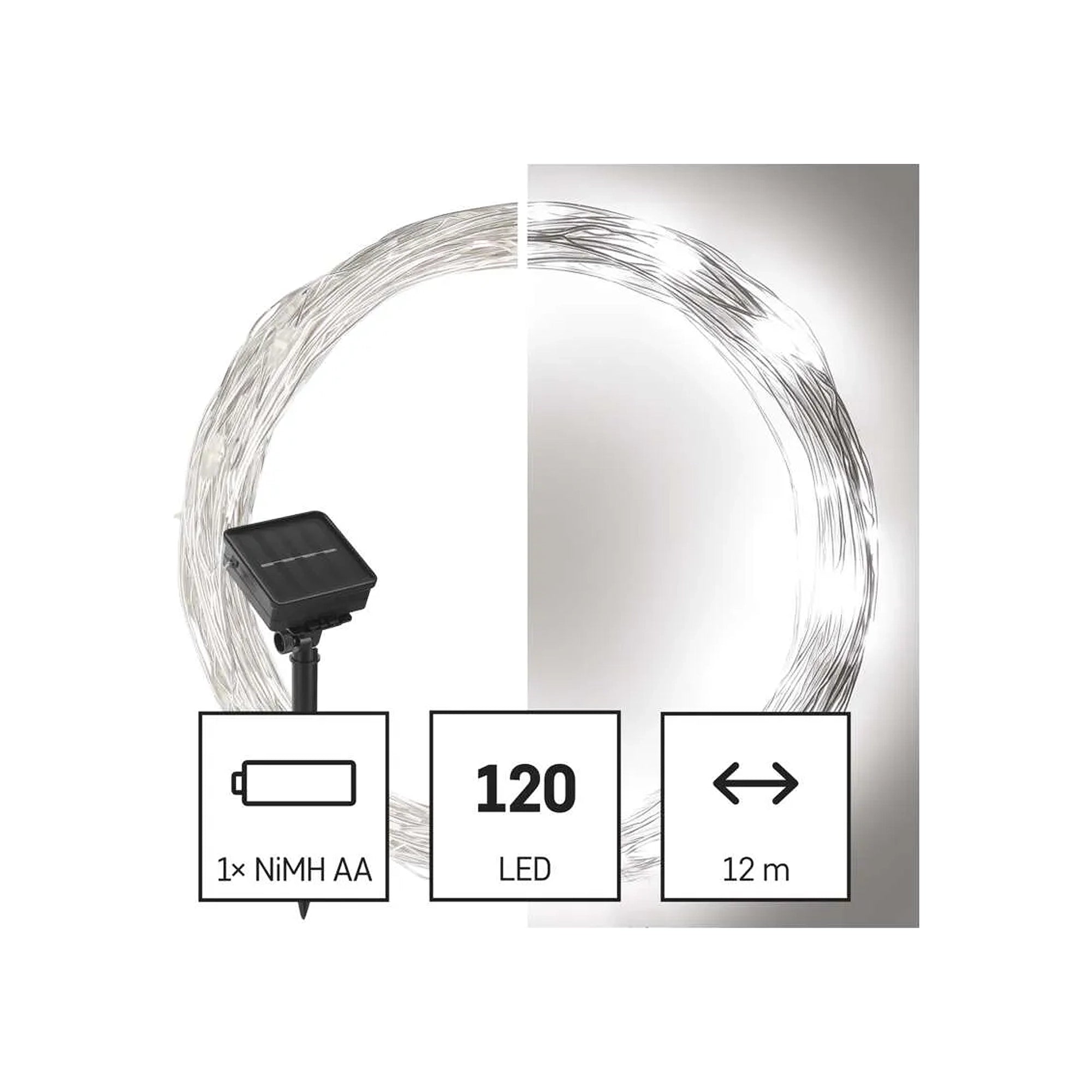 LED nano lanac, solarni, srebrni kabel, hladno bijela, IP44, 12m