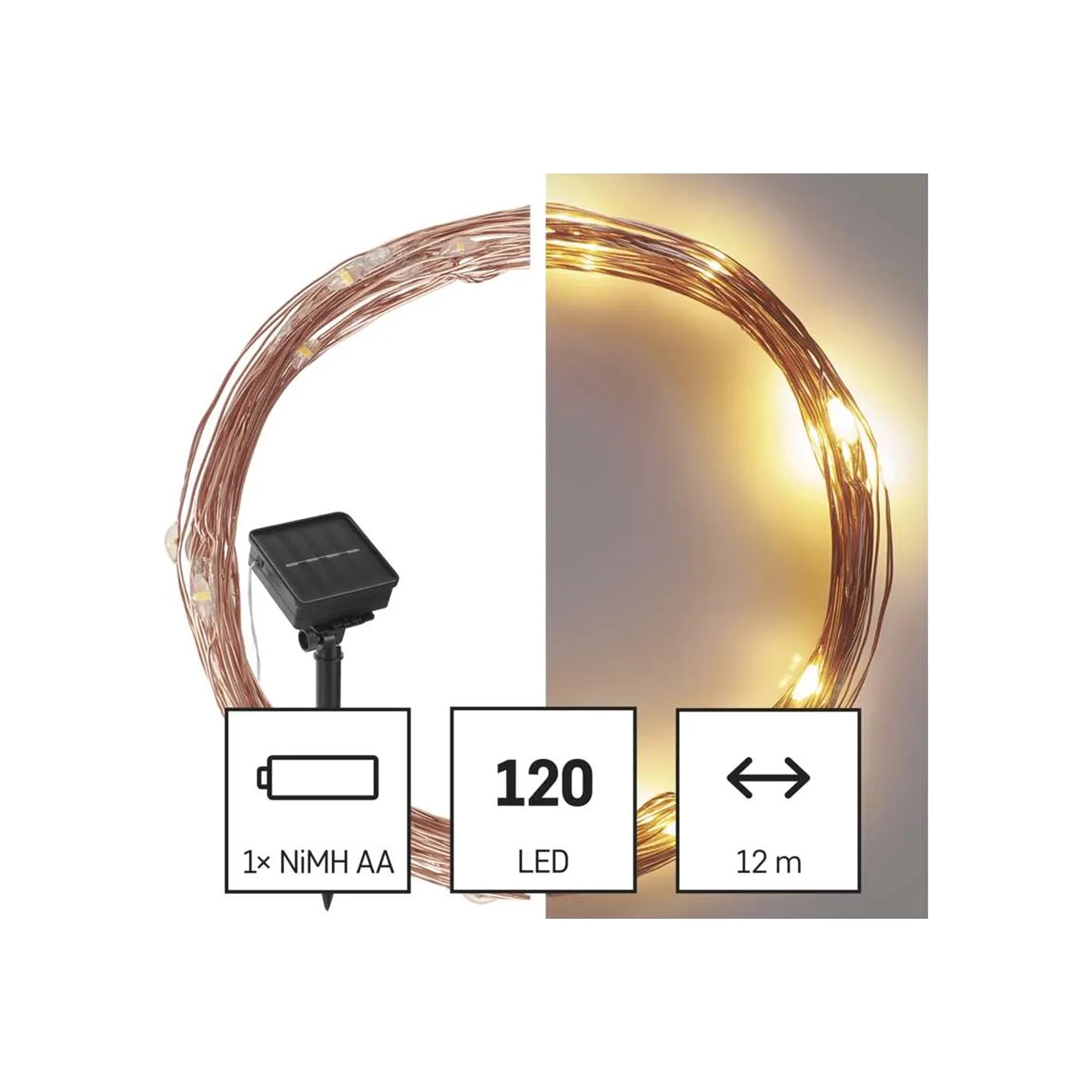 LED nano lanac, solarni, bakreni kabel, toplo bijela, IP44, 12m