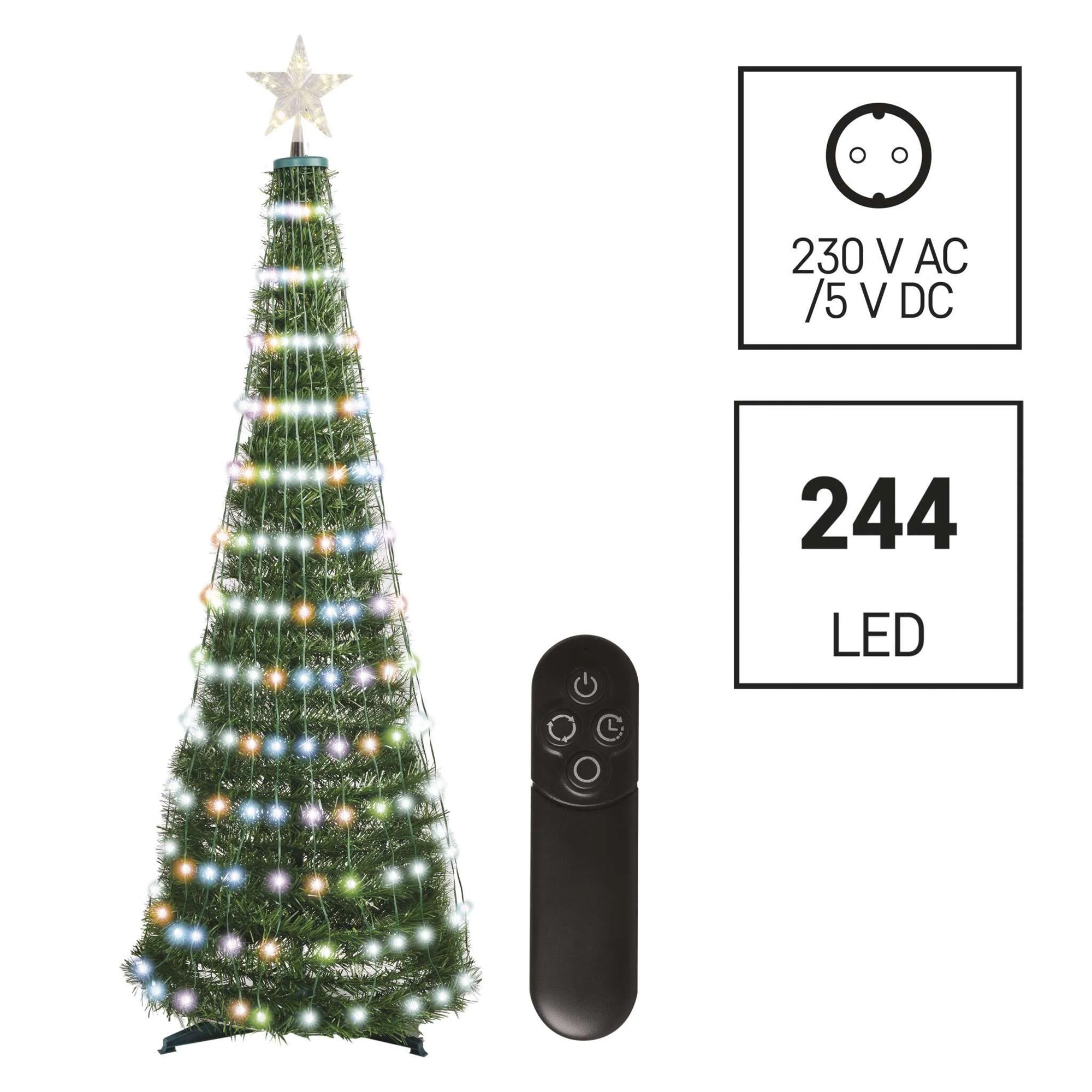 Christmas tree with LED Christmas lights and star, indoor, RGB, remote, timer, 1.5m