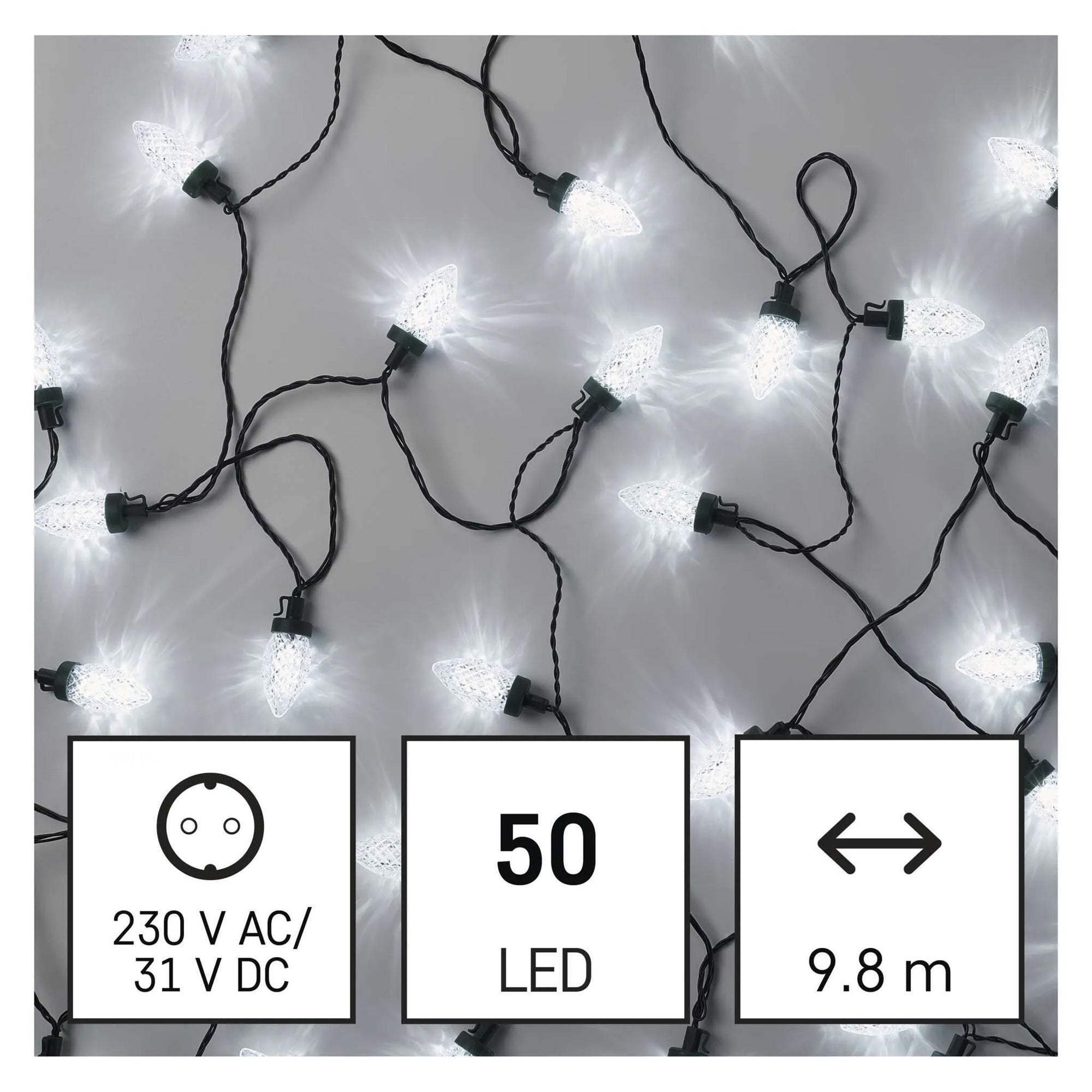 LED Christmas lights, cones, indoor and outdoor, cool white, 8 modes, 9.8m