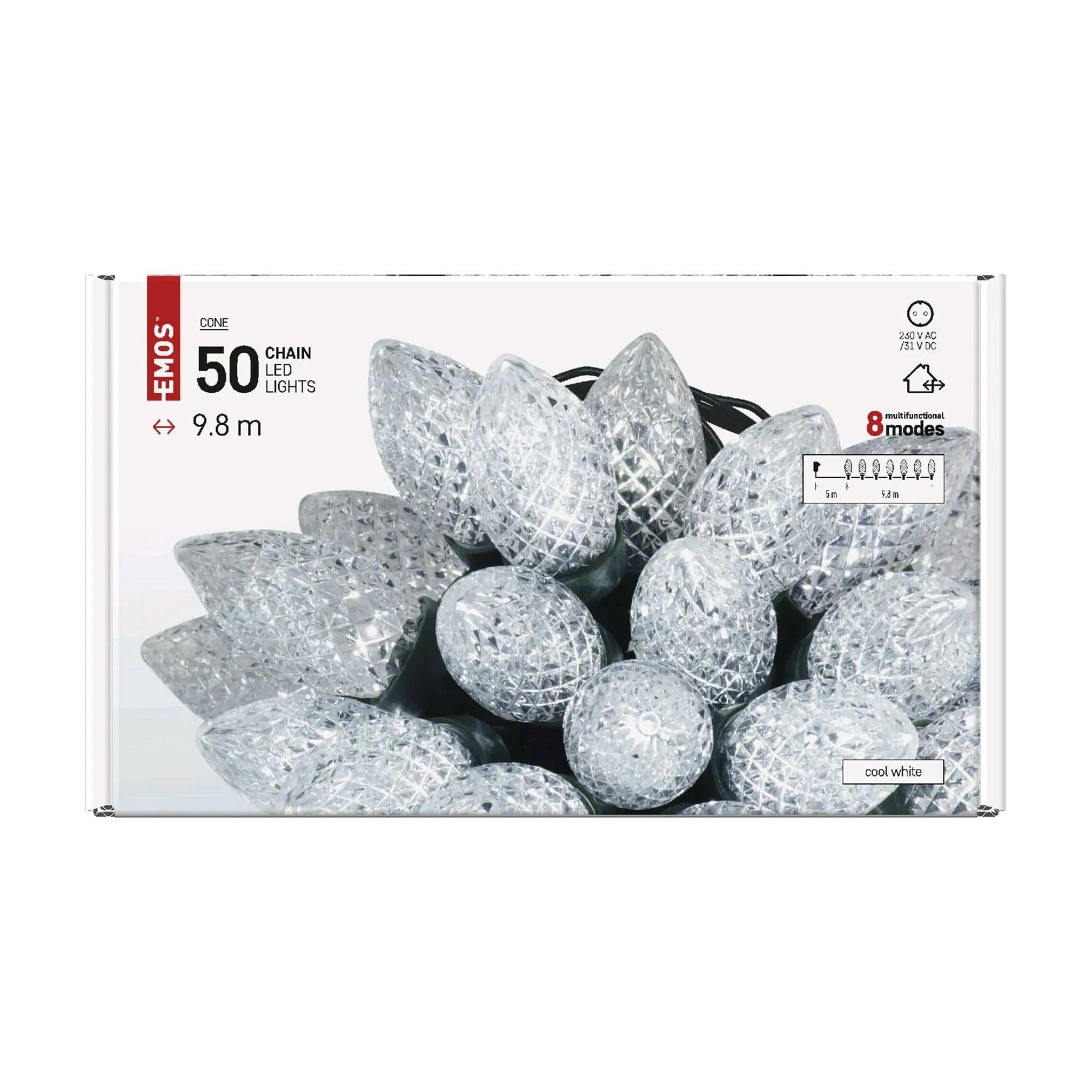 LED Christmas lights, cones, indoor and outdoor, cool white, 8 modes, 9.8m