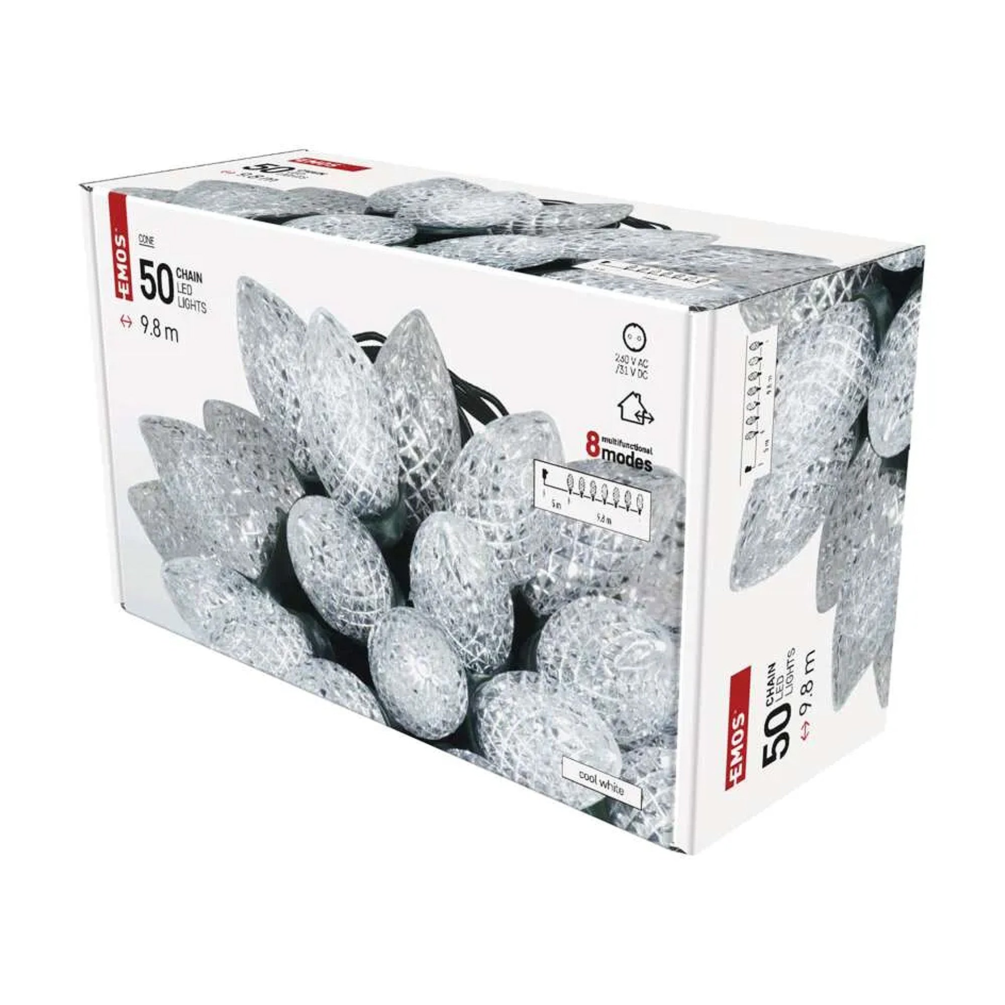 LED Christmas lights, cones, indoor and outdoor, cool white, 8 modes, 9.8m