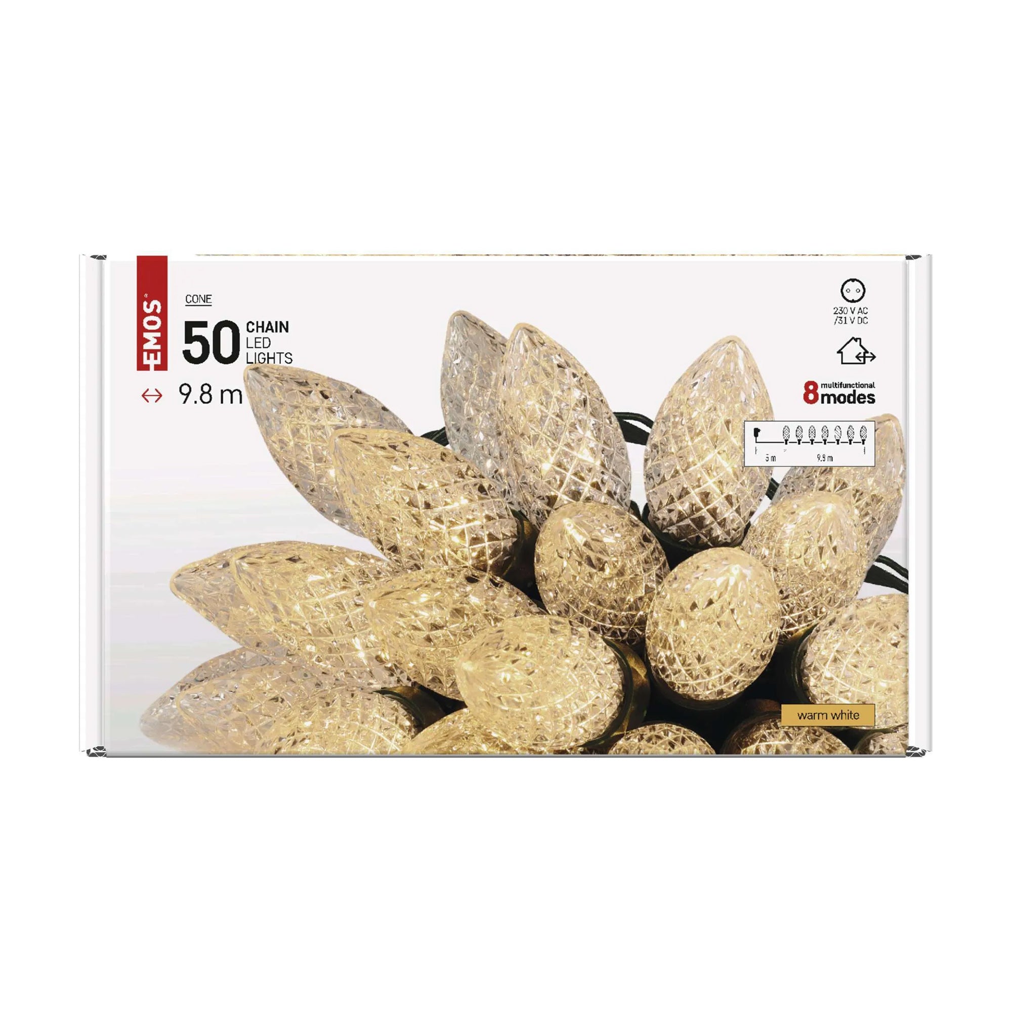 LED Christmas lights, cones, indoor and outdoor, warm white, 8 modes, 9.8m