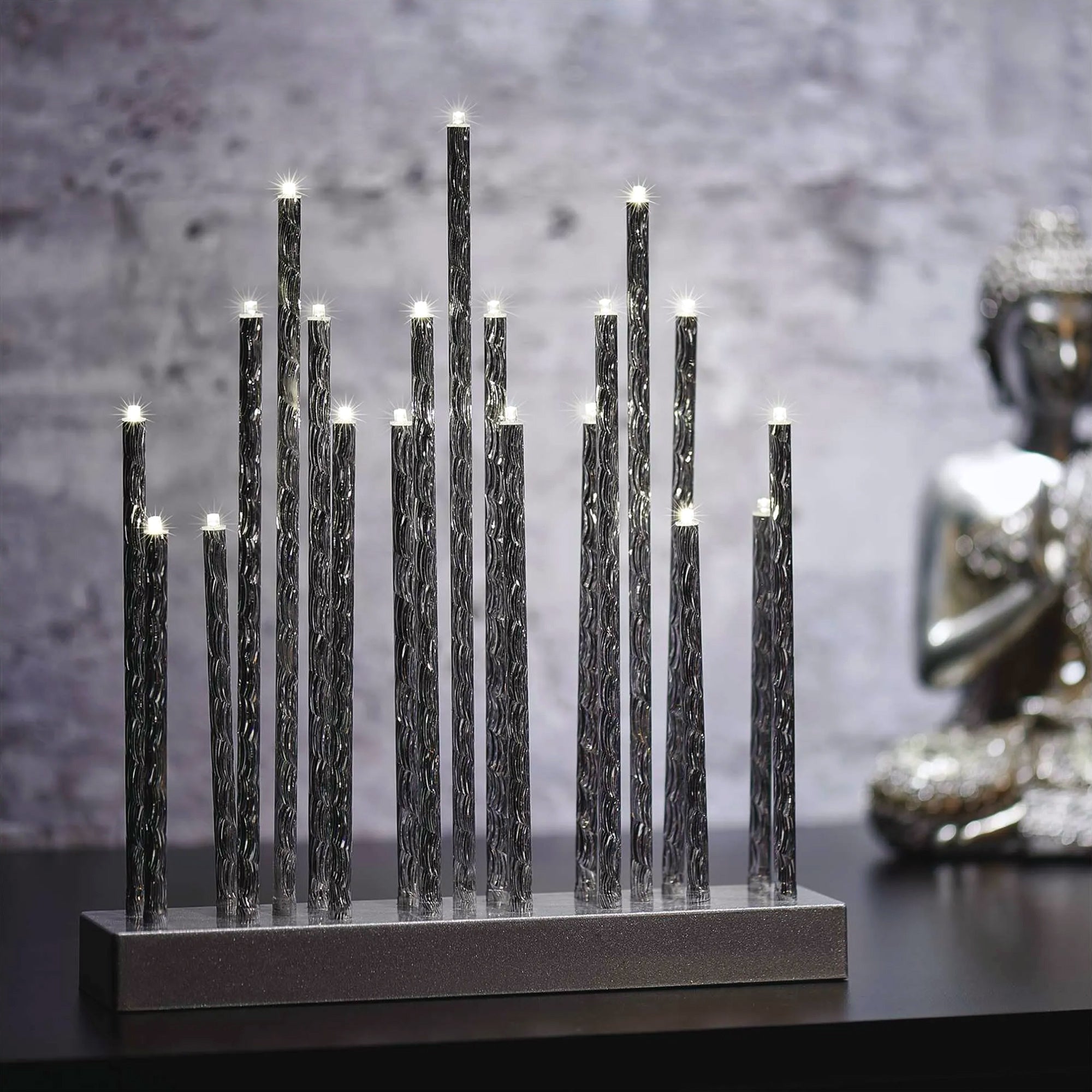 LED Christmas candle holder, indoor, silver, warm white, timer, 3xAA