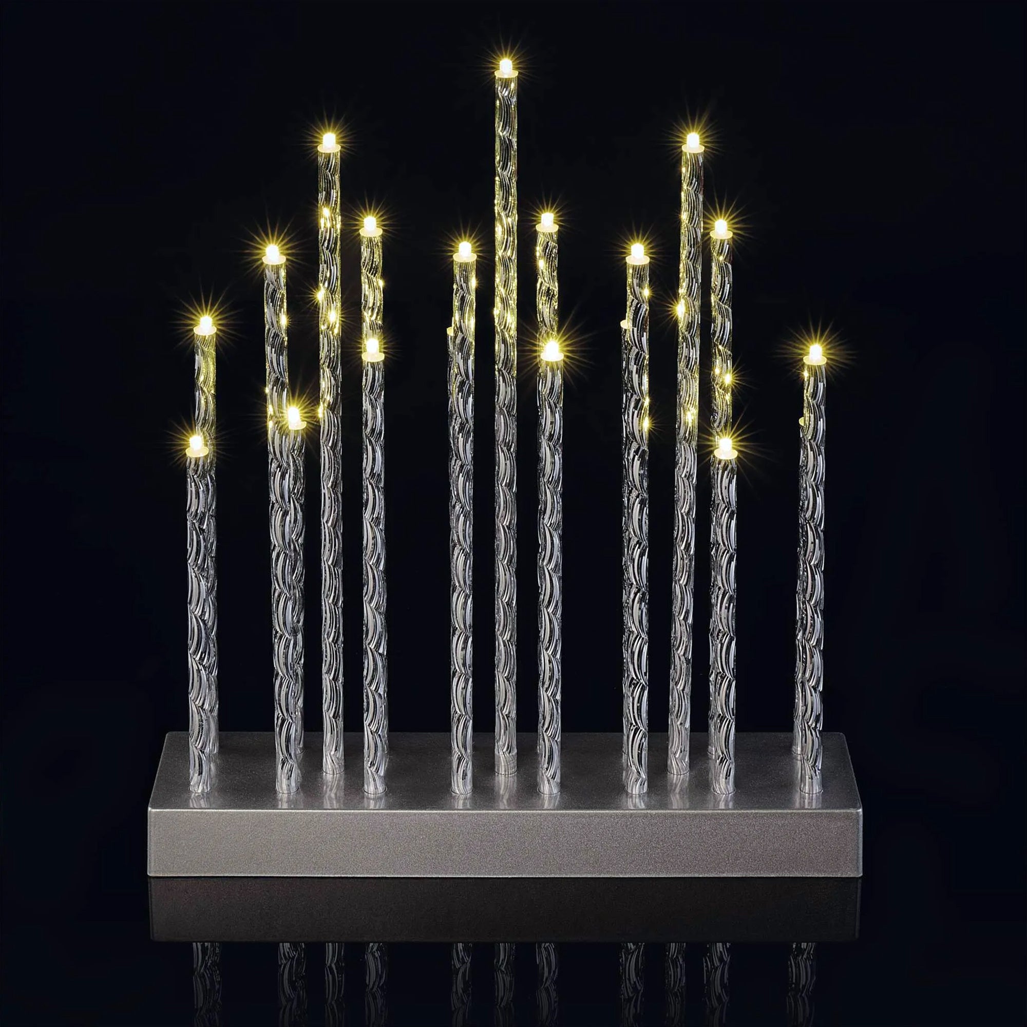 LED Christmas candle holder, indoor, silver, warm white, timer, 3xAA