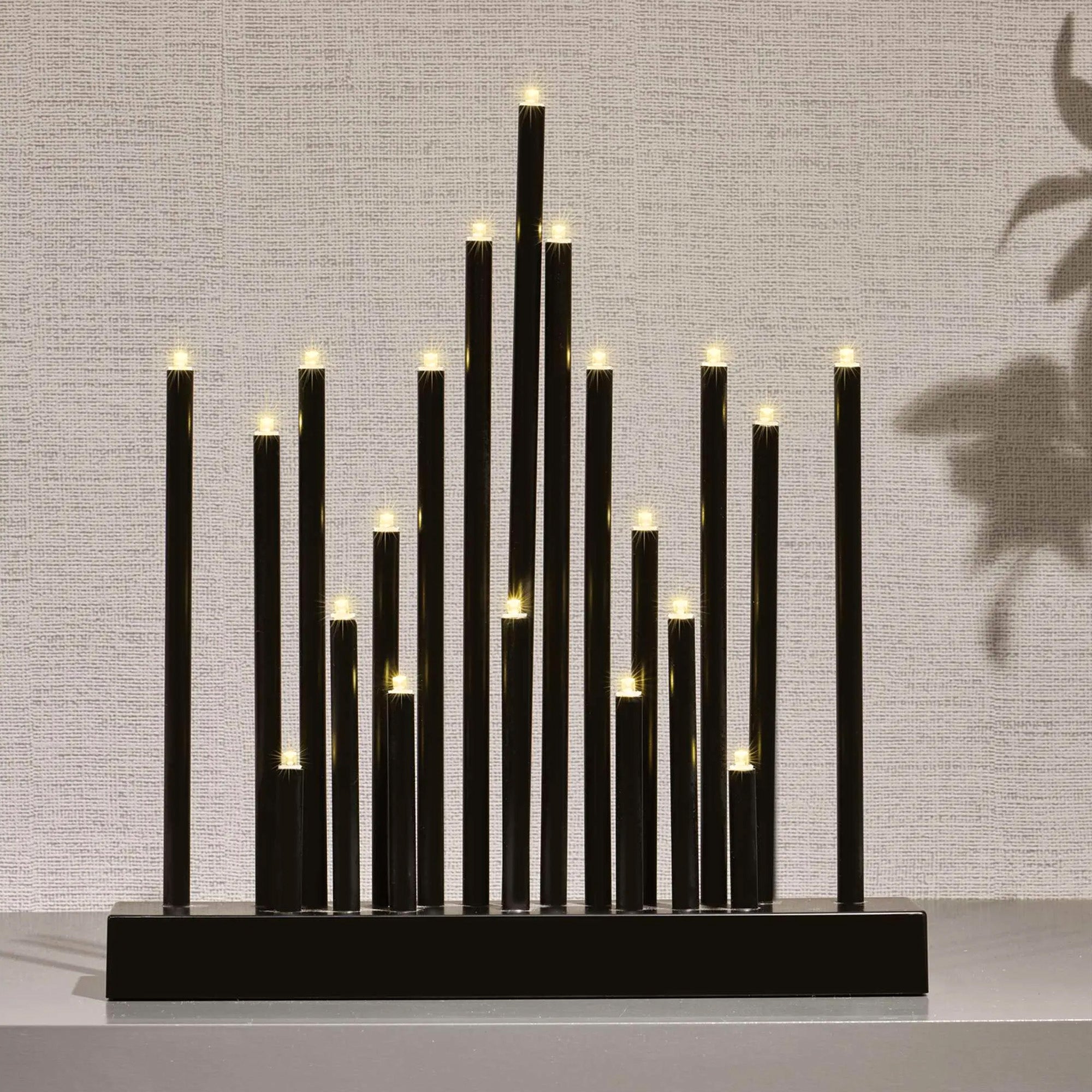 LED Christmas candle holder, indoor, black, warm white, timer, 3xAA