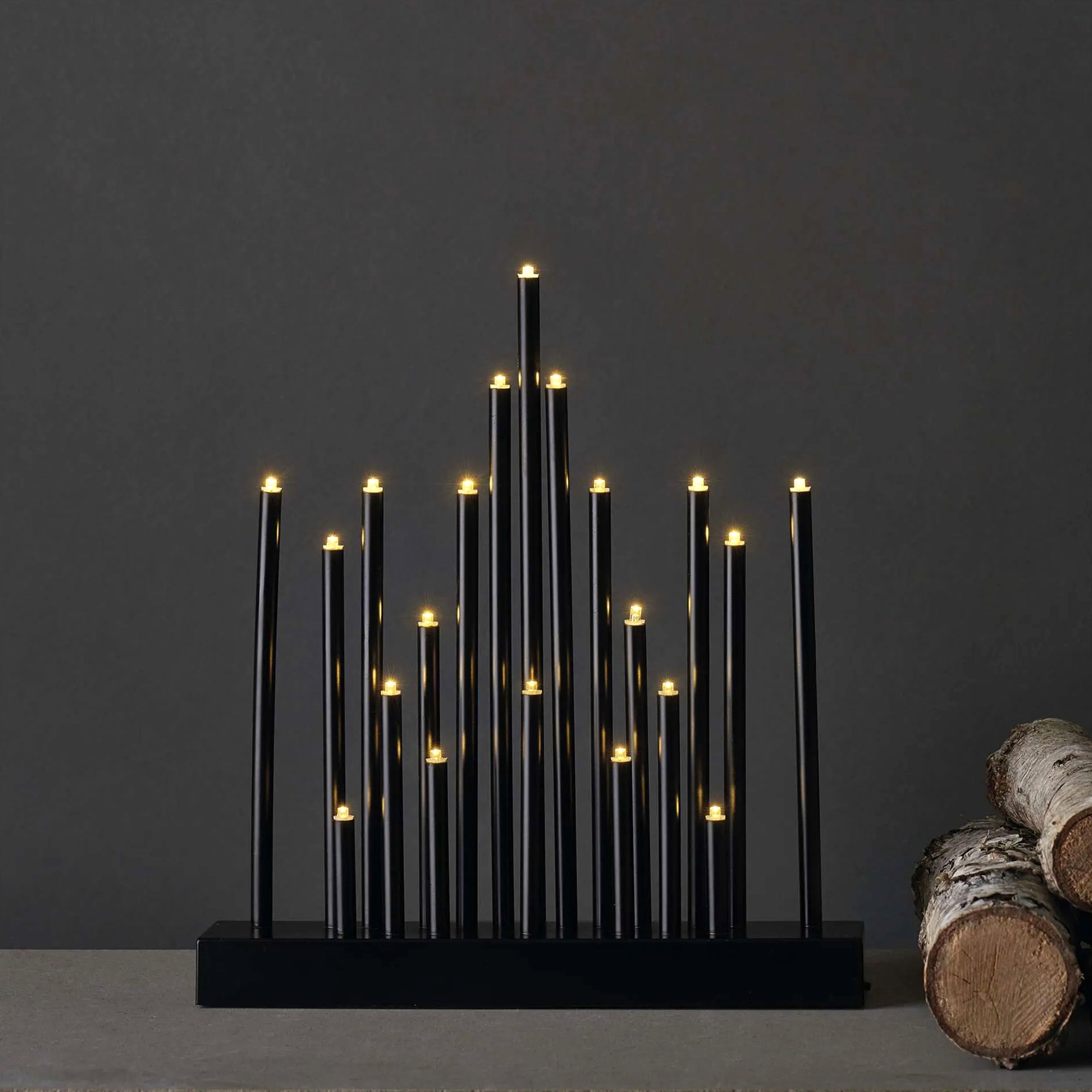 LED Christmas candle holder, indoor, black, warm white, timer, 3xAA