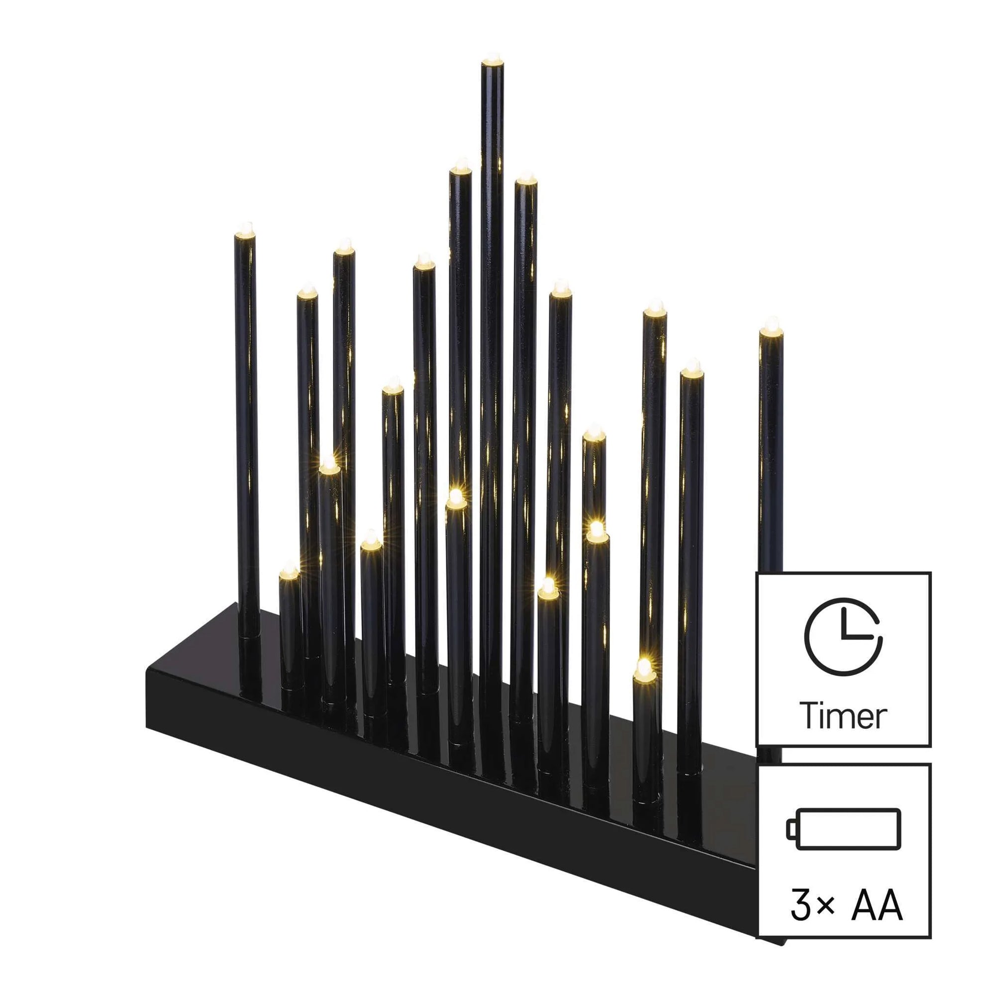 LED Christmas candle holder, indoor, black, warm white, timer, 3xAA