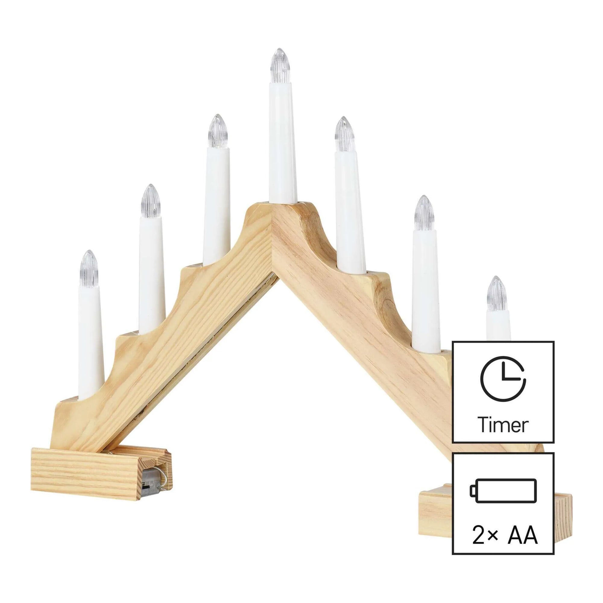 LED Christmas candle holder, indoor, wooden, warm white, timer, 2xAA