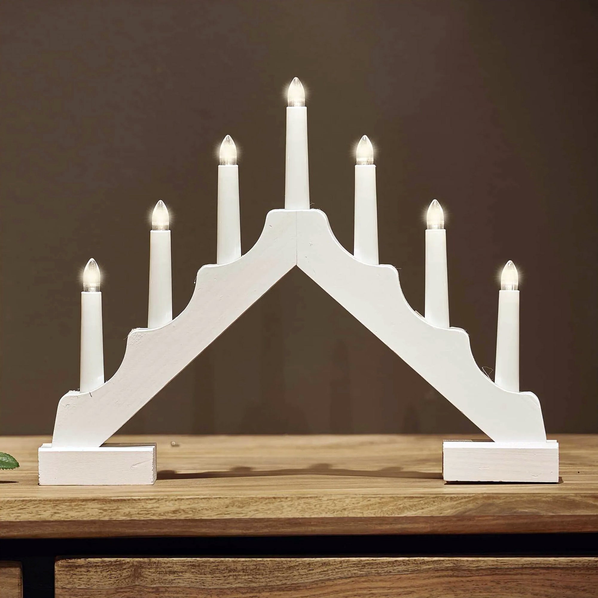 LED Christmas candle holder, indoor, wooden, white, warm white, timer, 2xAA