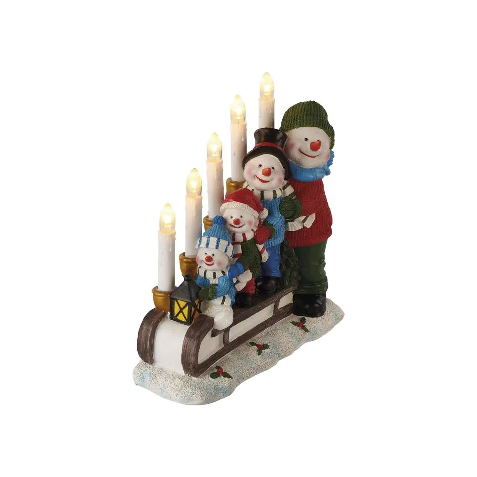 Božićni svijećnjak, snjegovići na saonicama, LED, toplo bijela, 2xAA, IP20