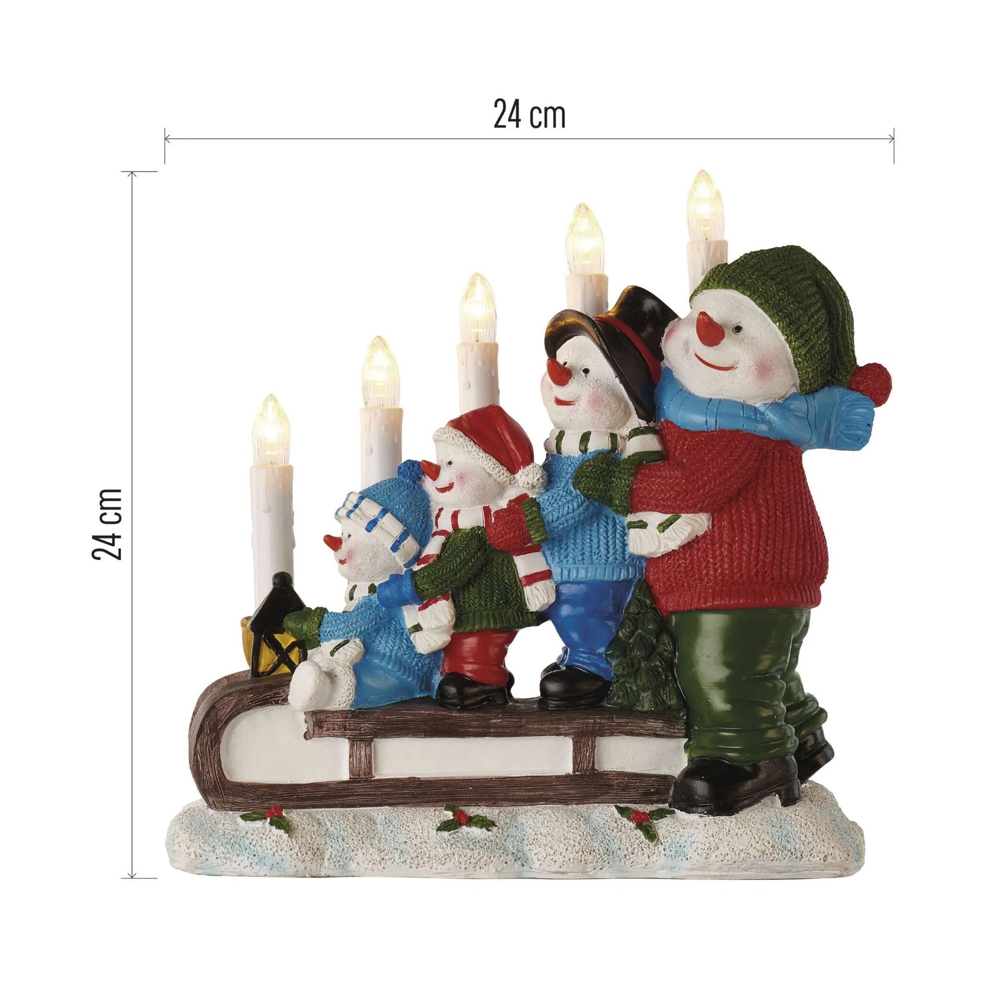 Božićni svijećnjak, snjegovići na saonicama, LED, toplo bijela, 2xAA, IP20
