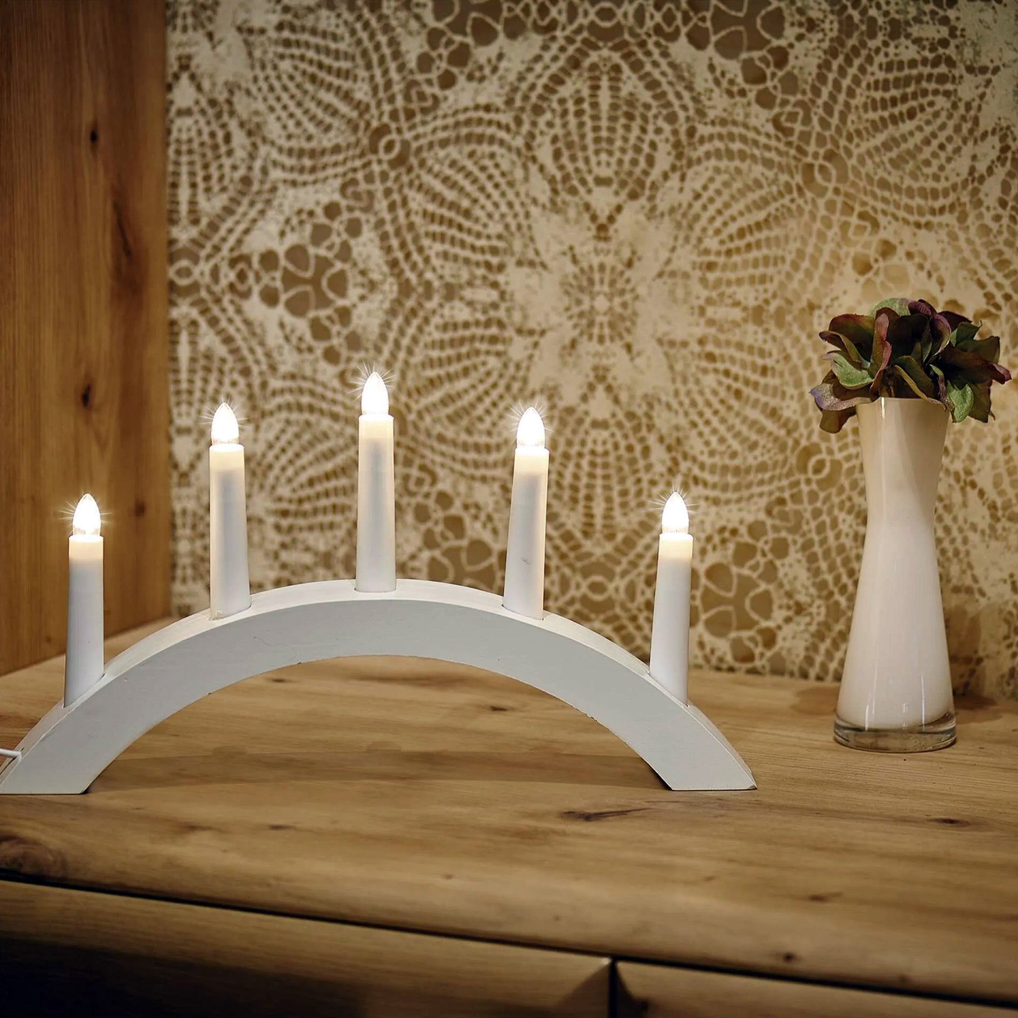 Christmas candle holder, 5xE10, indoor, wooden, white, warm white