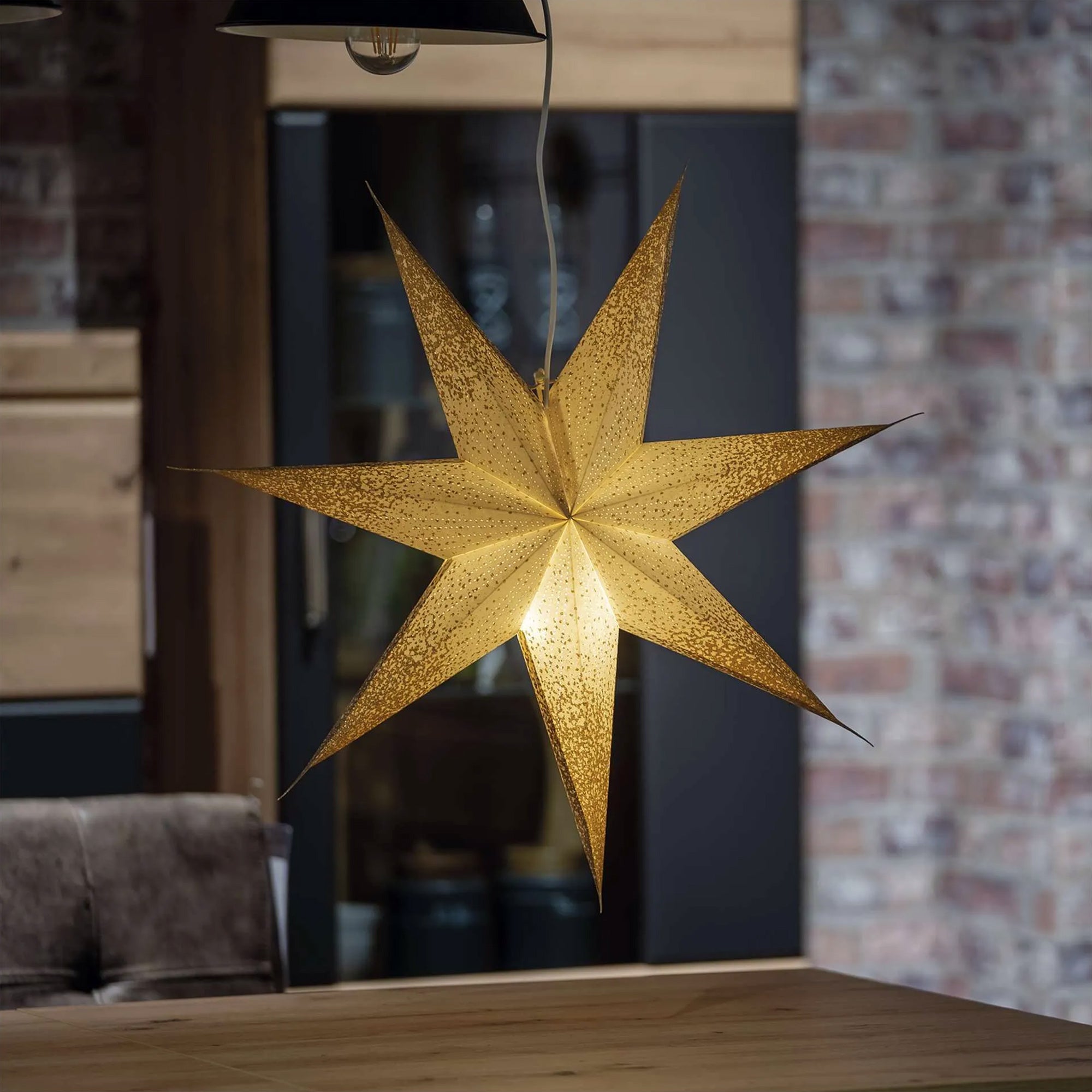 Paper Christmas star, 1xE14, indoor, gold glitter, hanging, 60cm