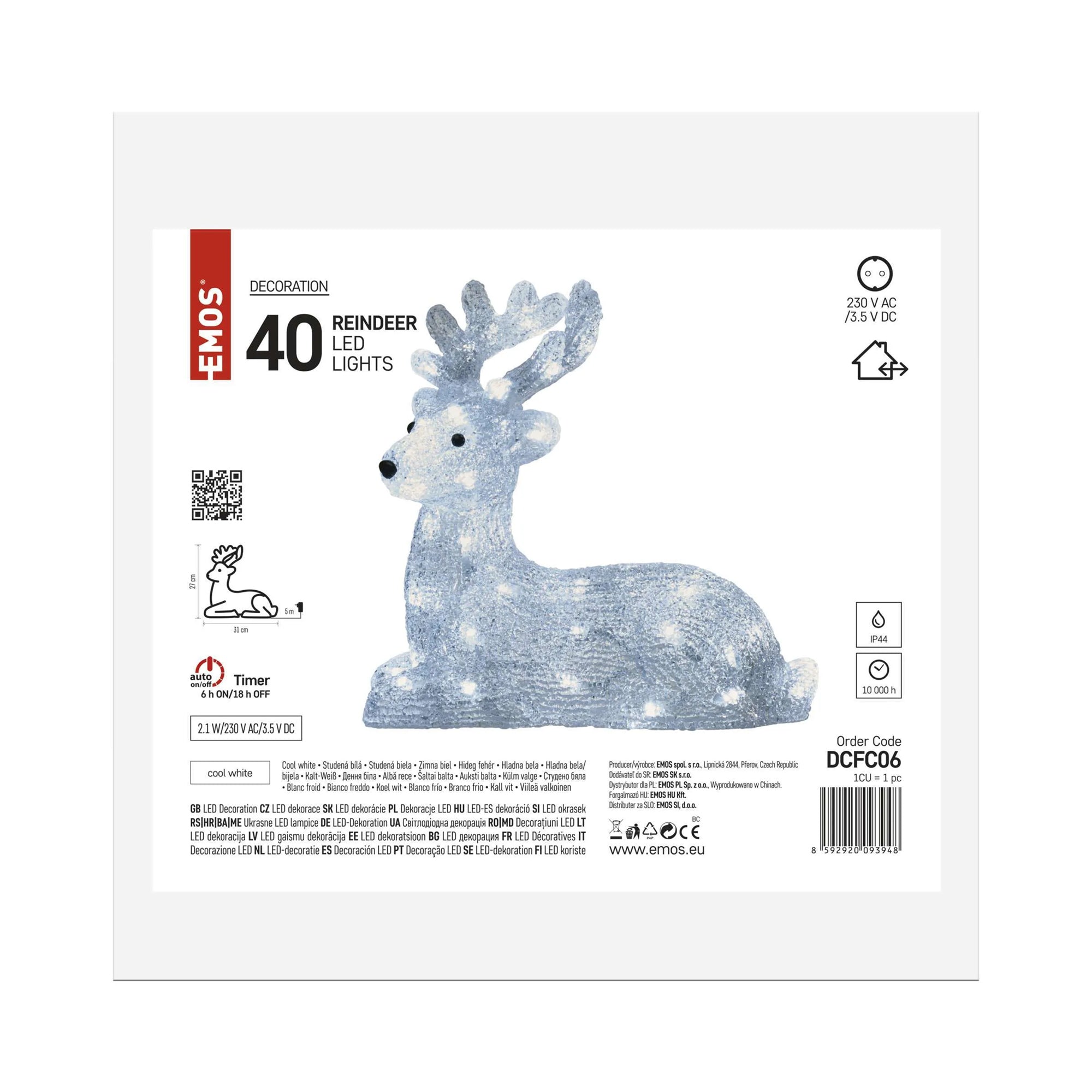 LED Christmas deer, indoor and outdoor, cool white, timer, 27cm