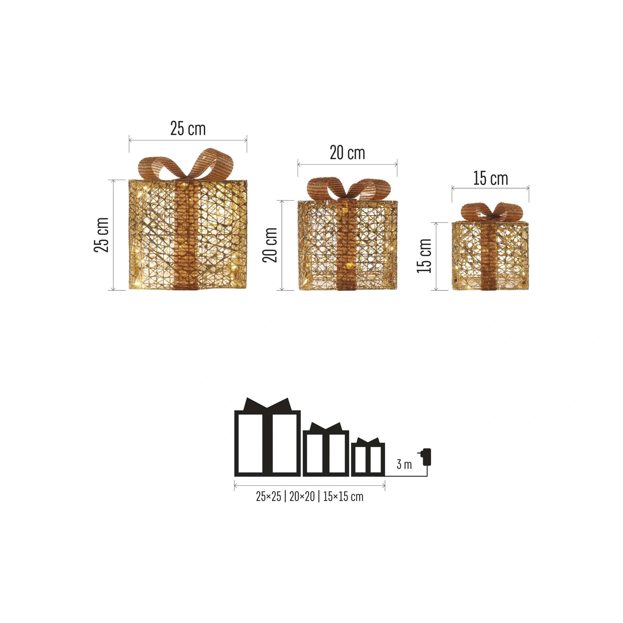 Božićni pokloni, 3 veličine, zlatni, LED, toplo bijela, IP20