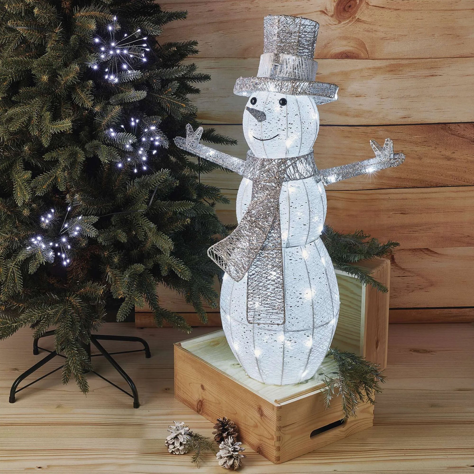 LED Christmas snowman, indoor, rattan, cool white, timer, 82cm