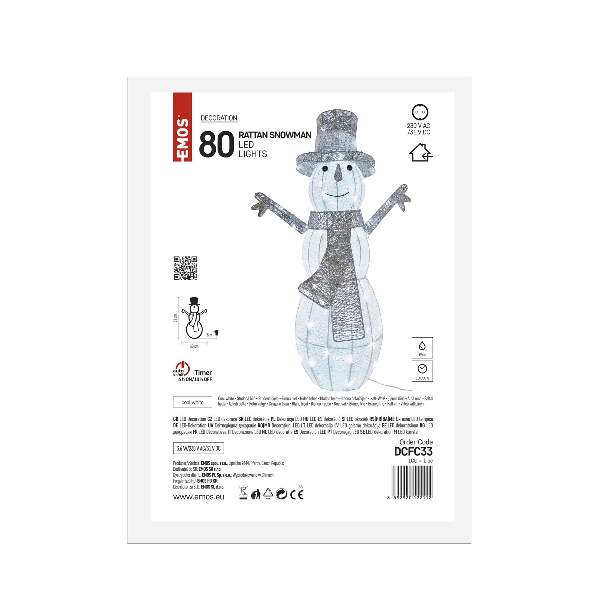 LED Christmas snowman, indoor, rattan, cool white, timer, 82cm