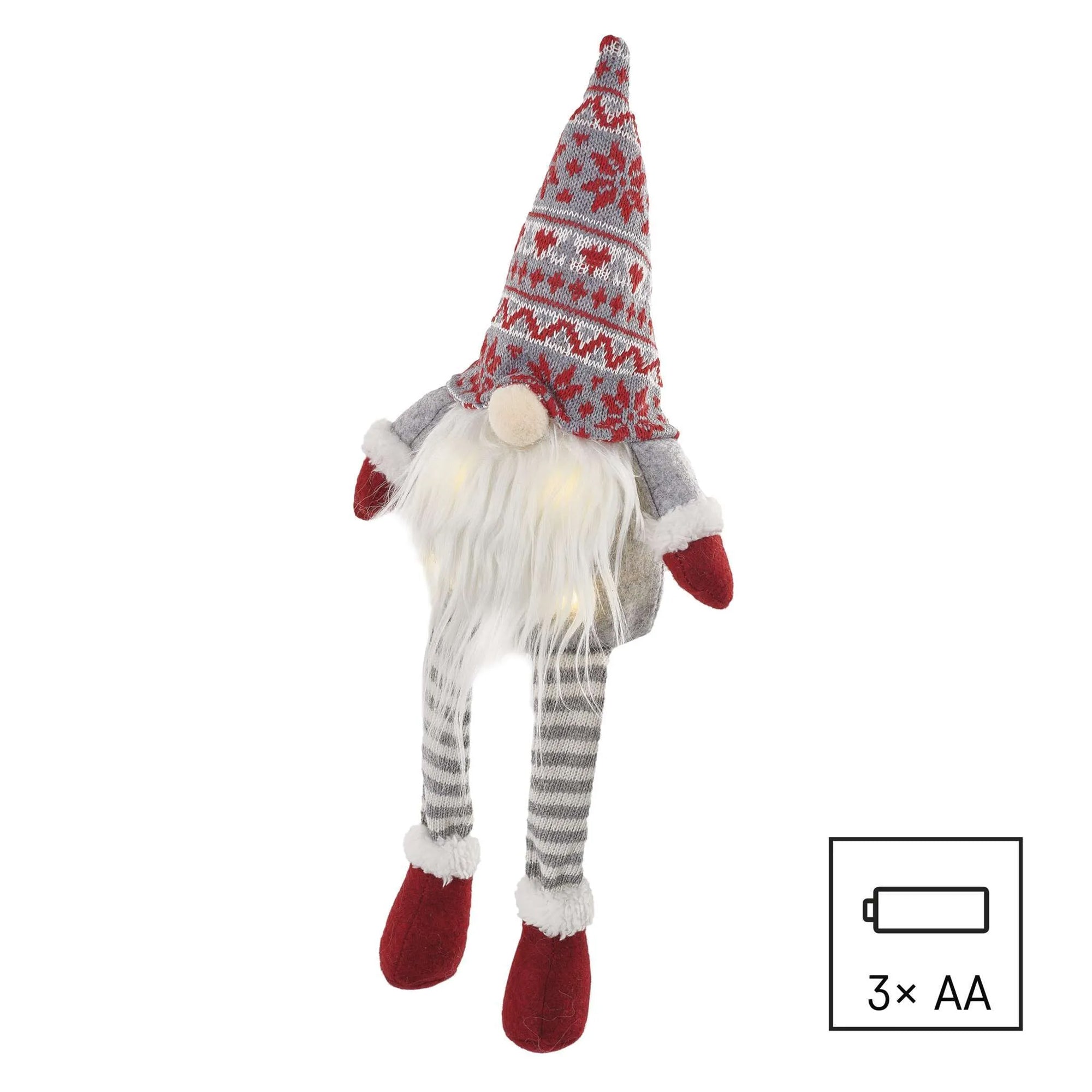 LED Christmas gnome, indoor, warm white, 3xAA, 27cm