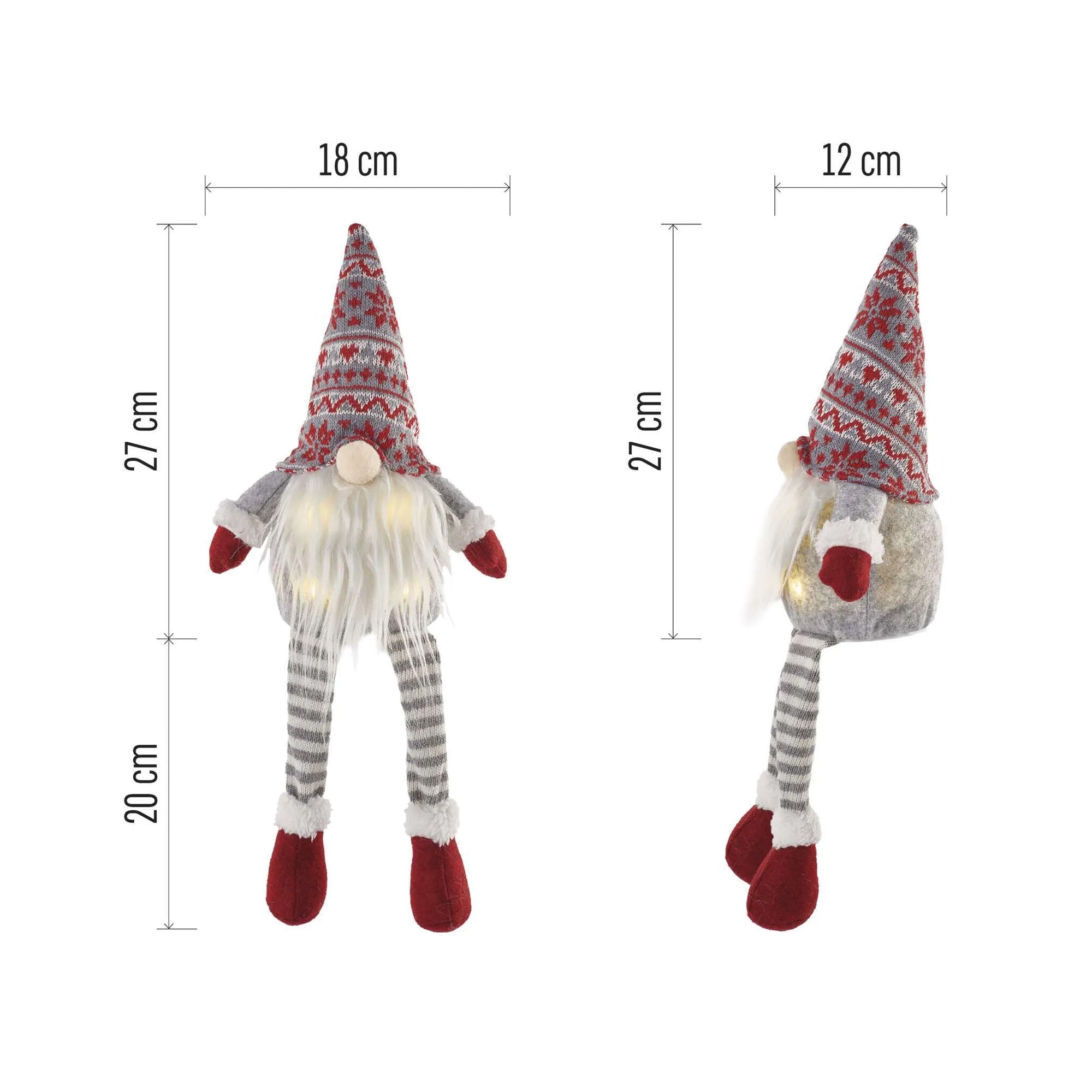 LED Christmas gnome, indoor, warm white, 3xAA, 27cm