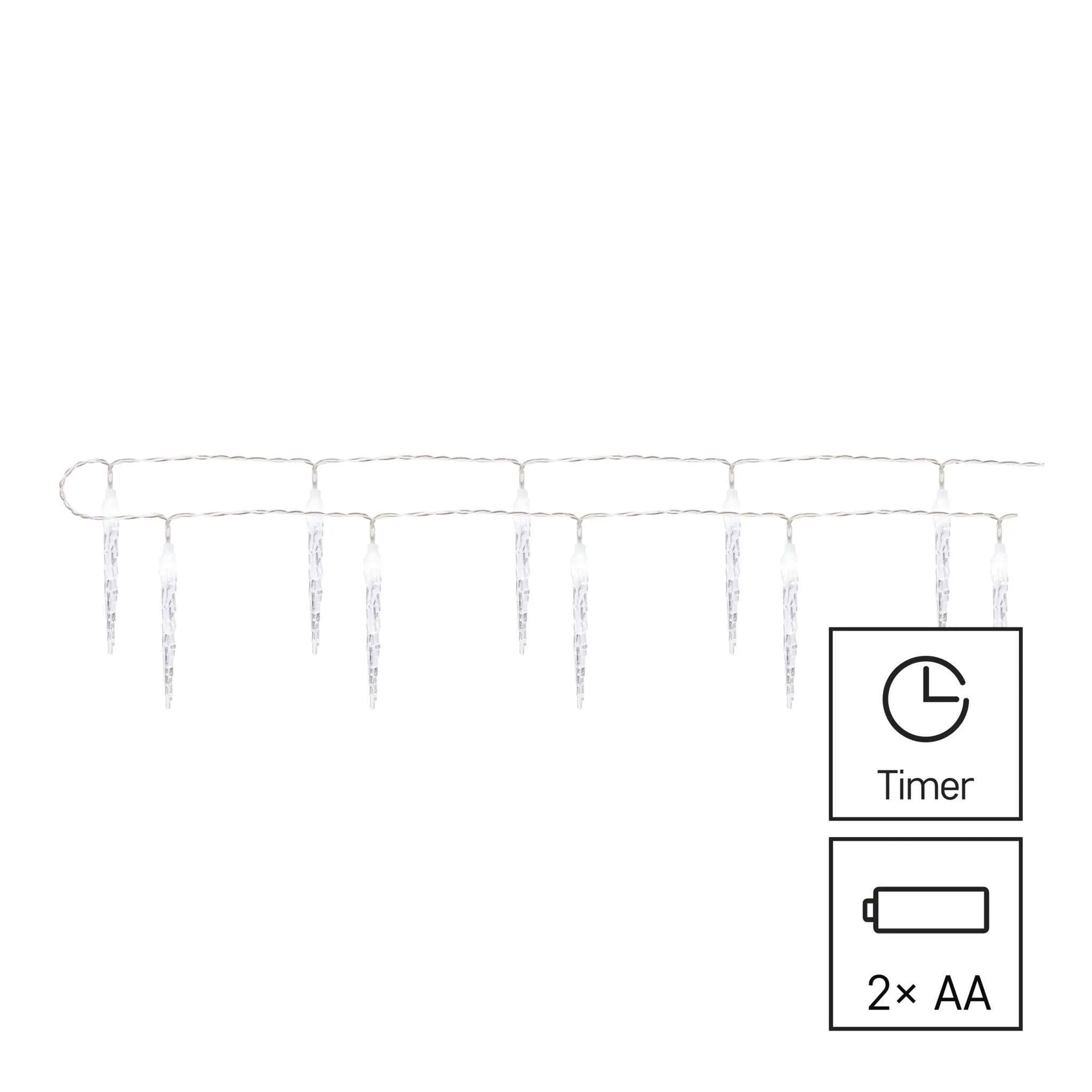 LED Christmas garland, 10 icicles, indoor, cool white, timer, 2xAA, 1.35m