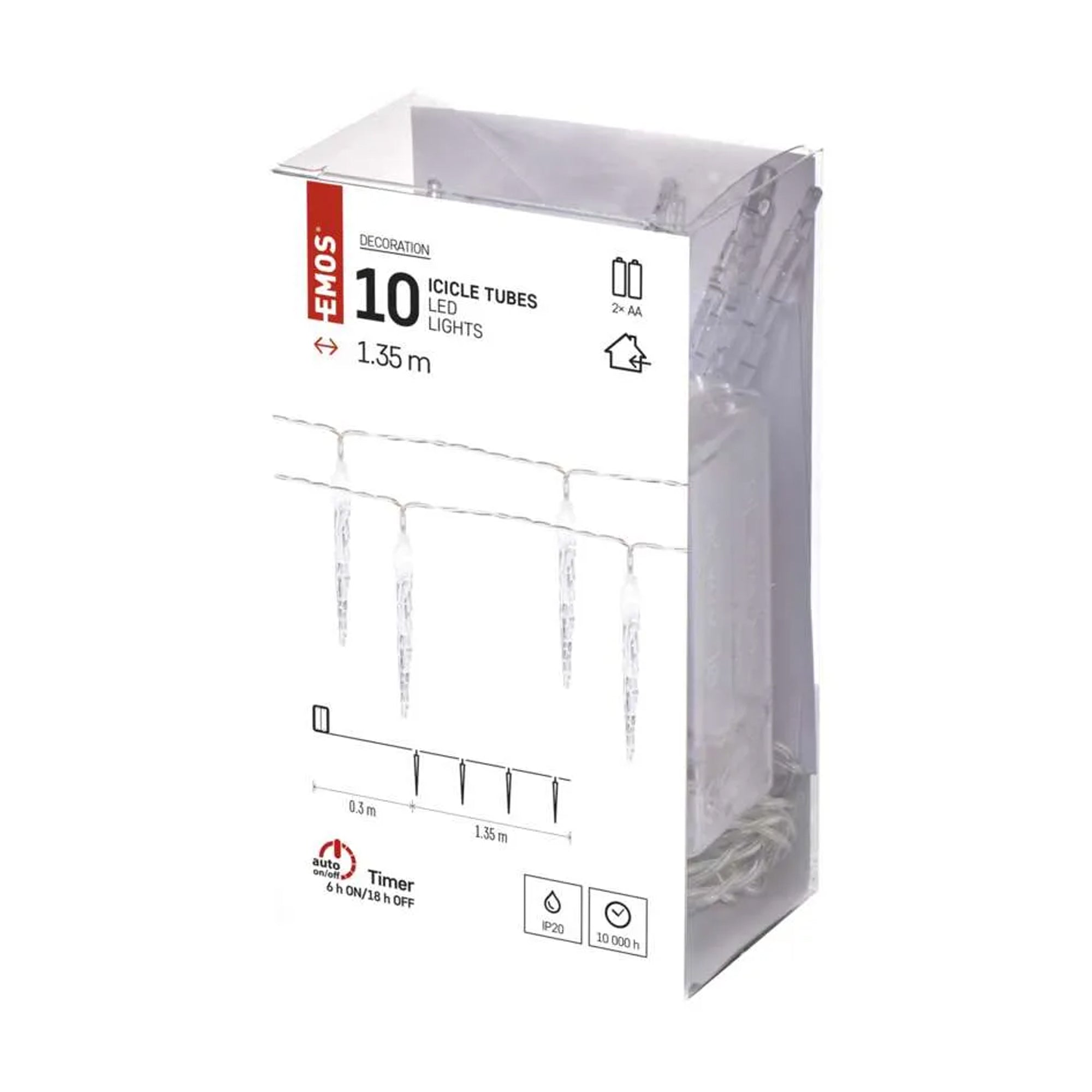 LED Christmas garland, 10 icicles, indoor, cool white, timer, 2xAA, 1.35m