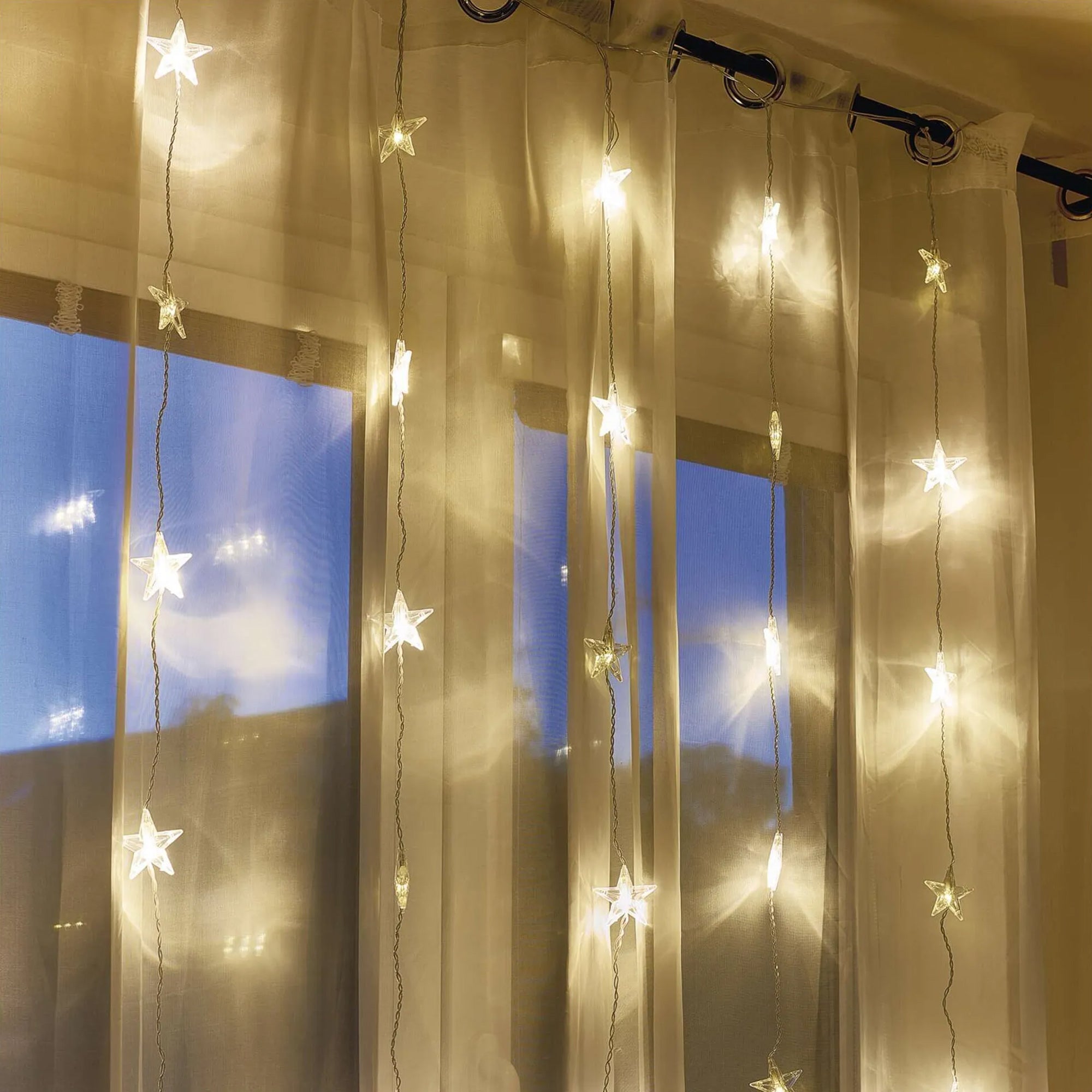 LED Christmas curtain, stars, indoor and outdoor, warm white, timer, 120x90cm
