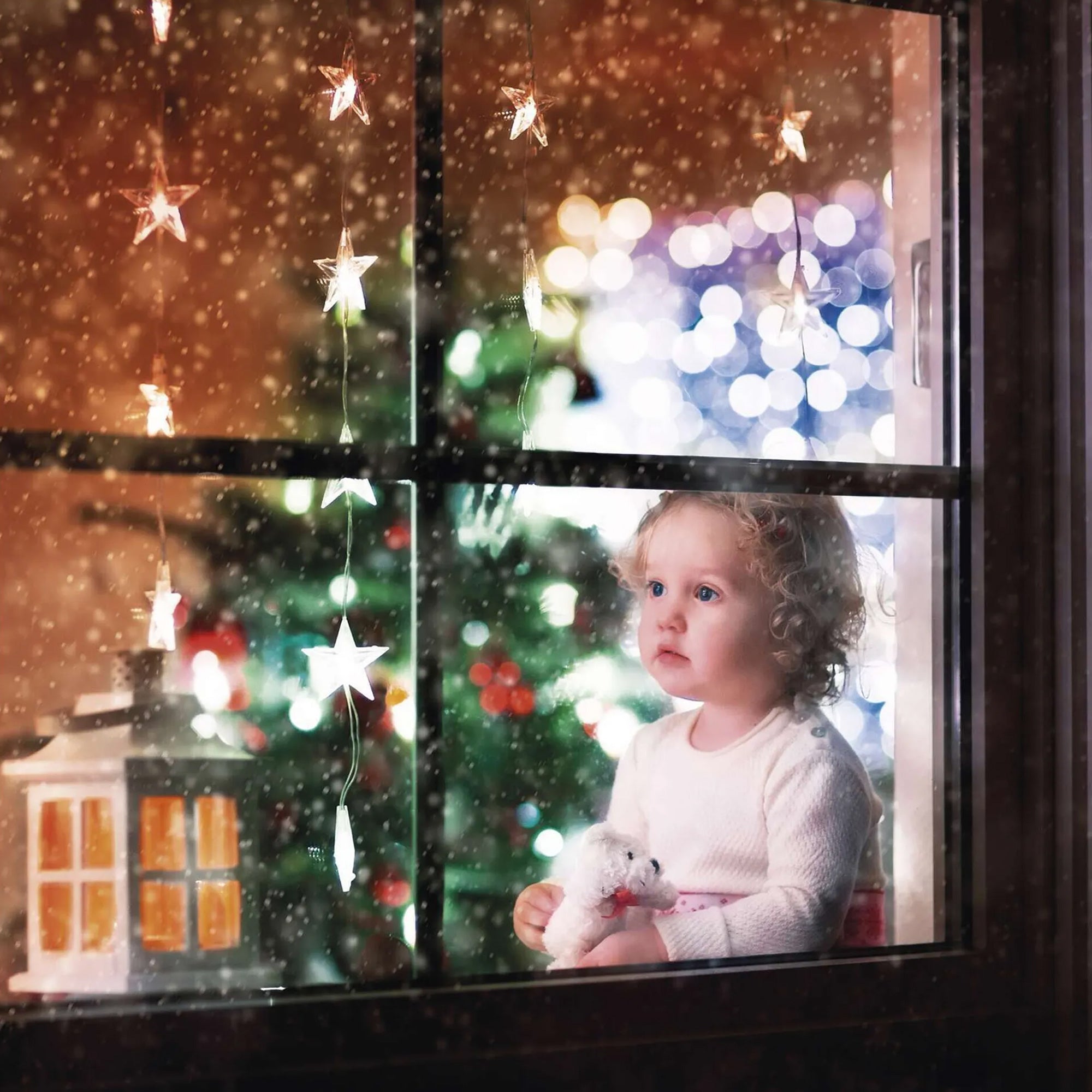 LED Christmas curtain, stars, indoor and outdoor, warm white, timer, 120x90cm