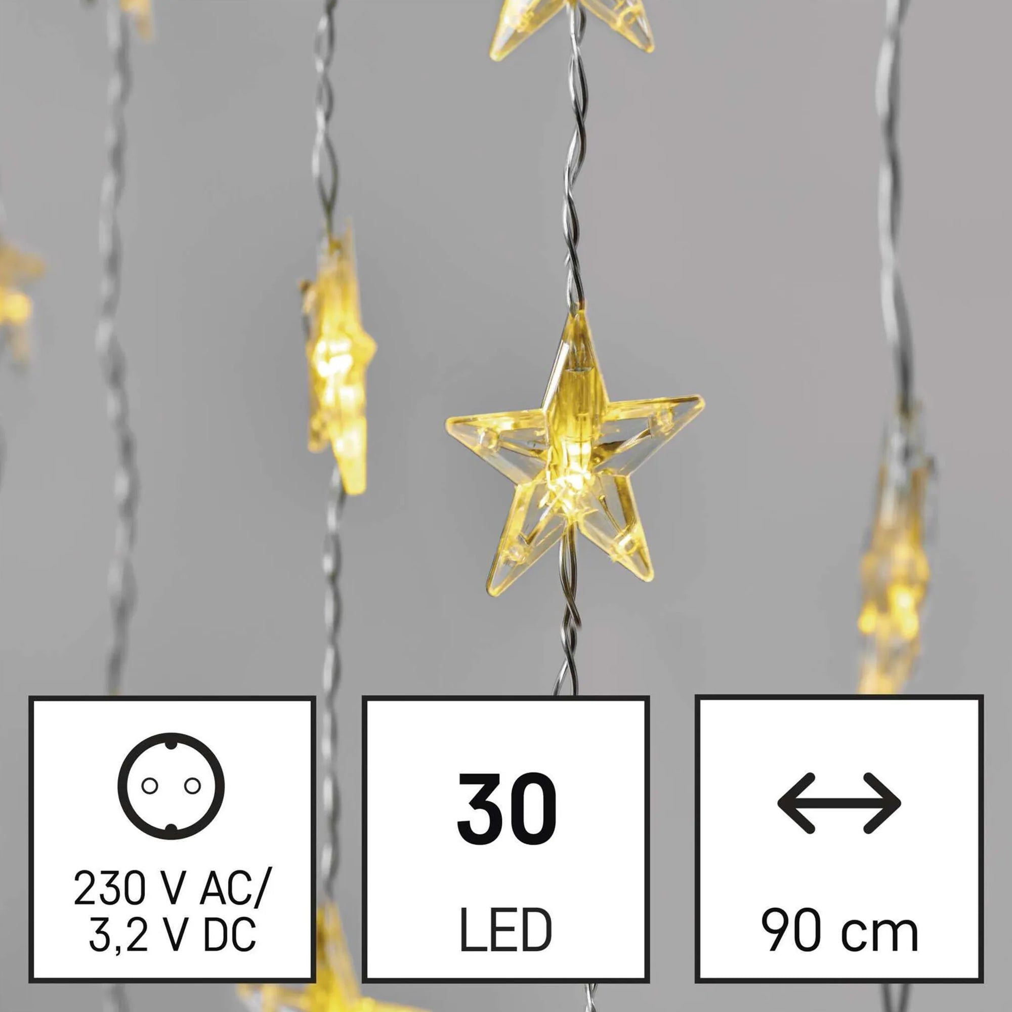 LED Christmas curtain, stars, indoor and outdoor, warm white, timer, 120x90cm