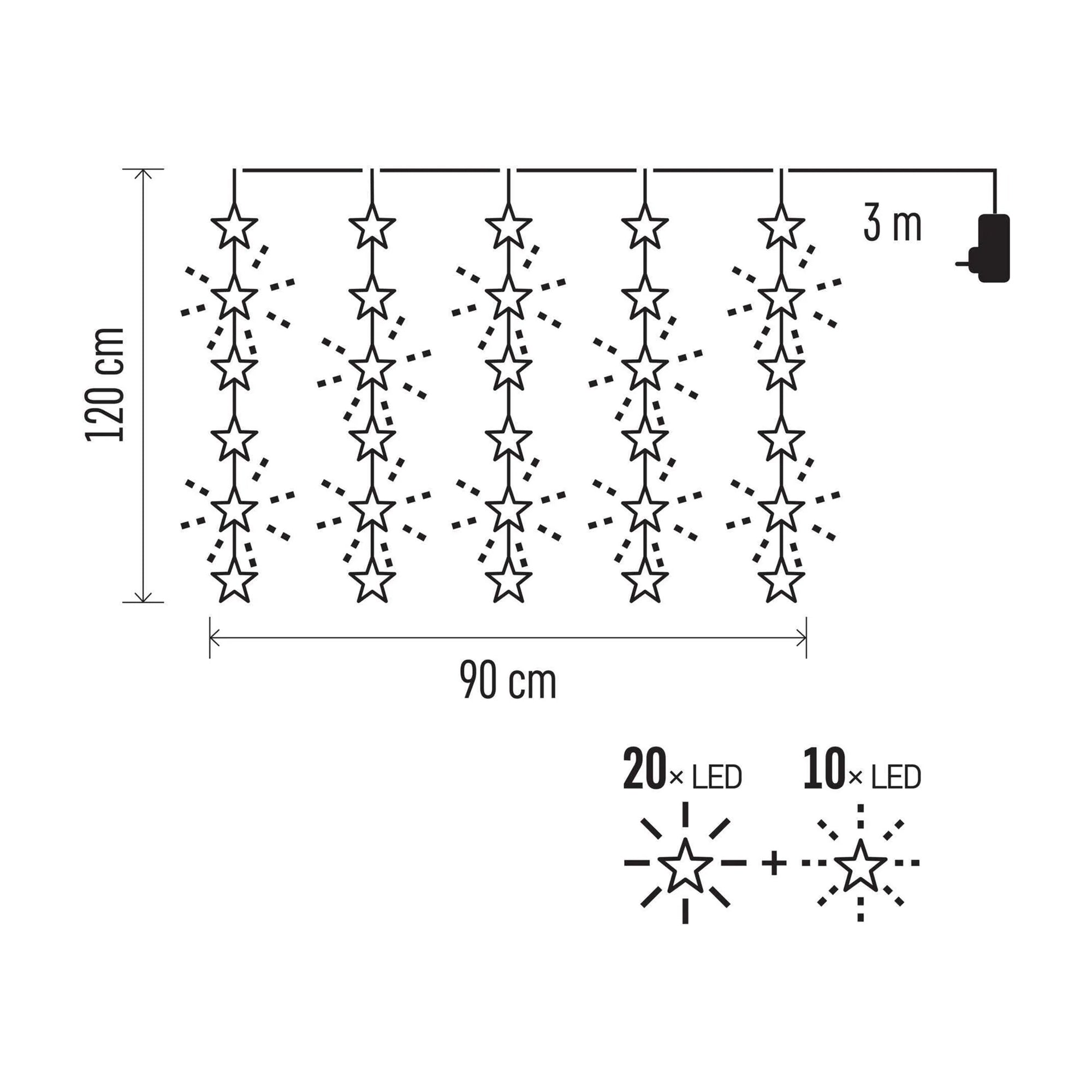 LED Christmas curtain, stars, indoor and outdoor, warm white, timer, 120x90cm