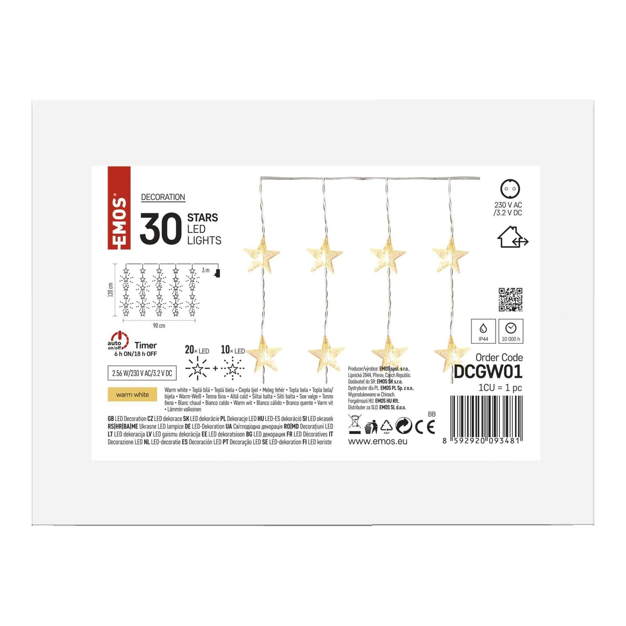 LED Christmas curtain, stars, indoor and outdoor, warm white, timer, 120x90cm