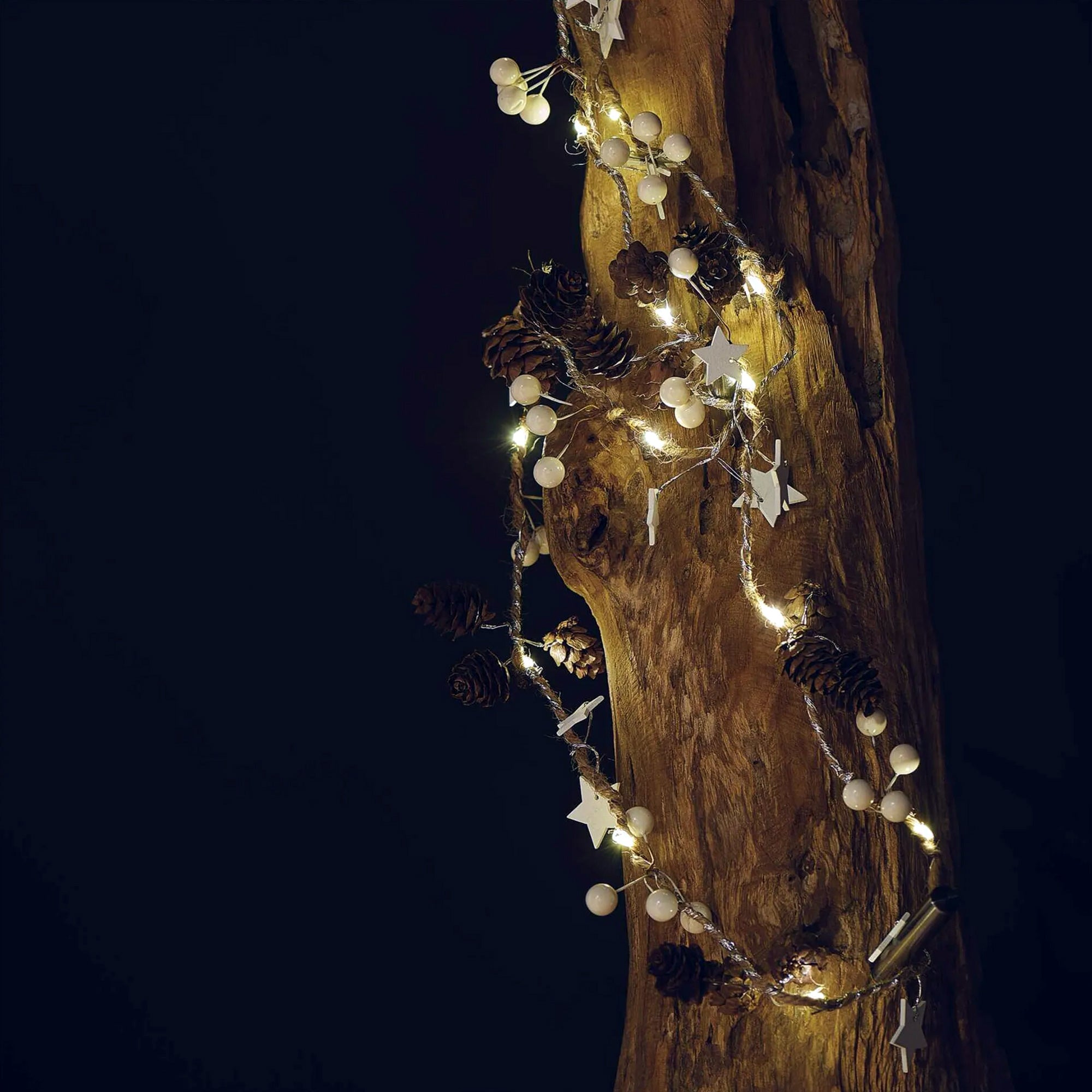 LED Christmas garland, cones, indoor, warm white, 2xAA, 1.7m