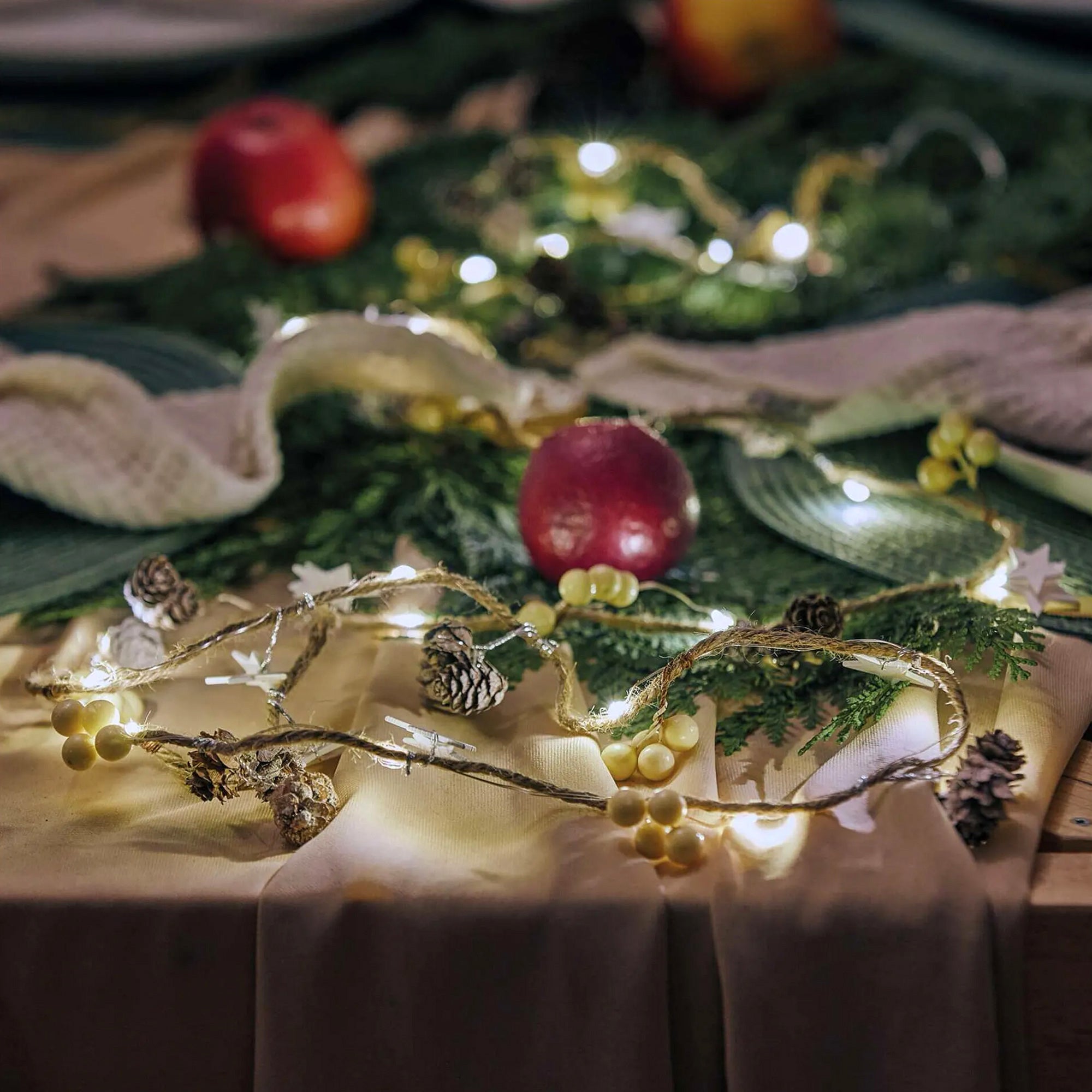 LED Christmas garland, cones, indoor, warm white, 2xAA, 1.7m