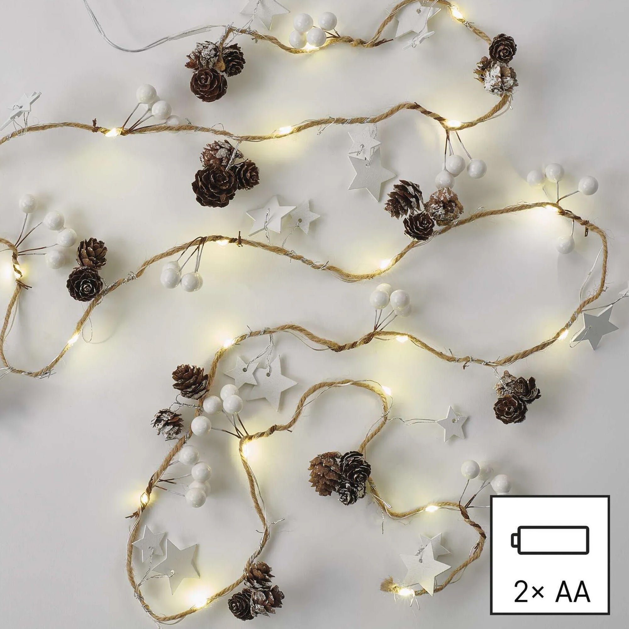 LED Christmas garland, cones, indoor, warm white, 2xAA, 1.7m