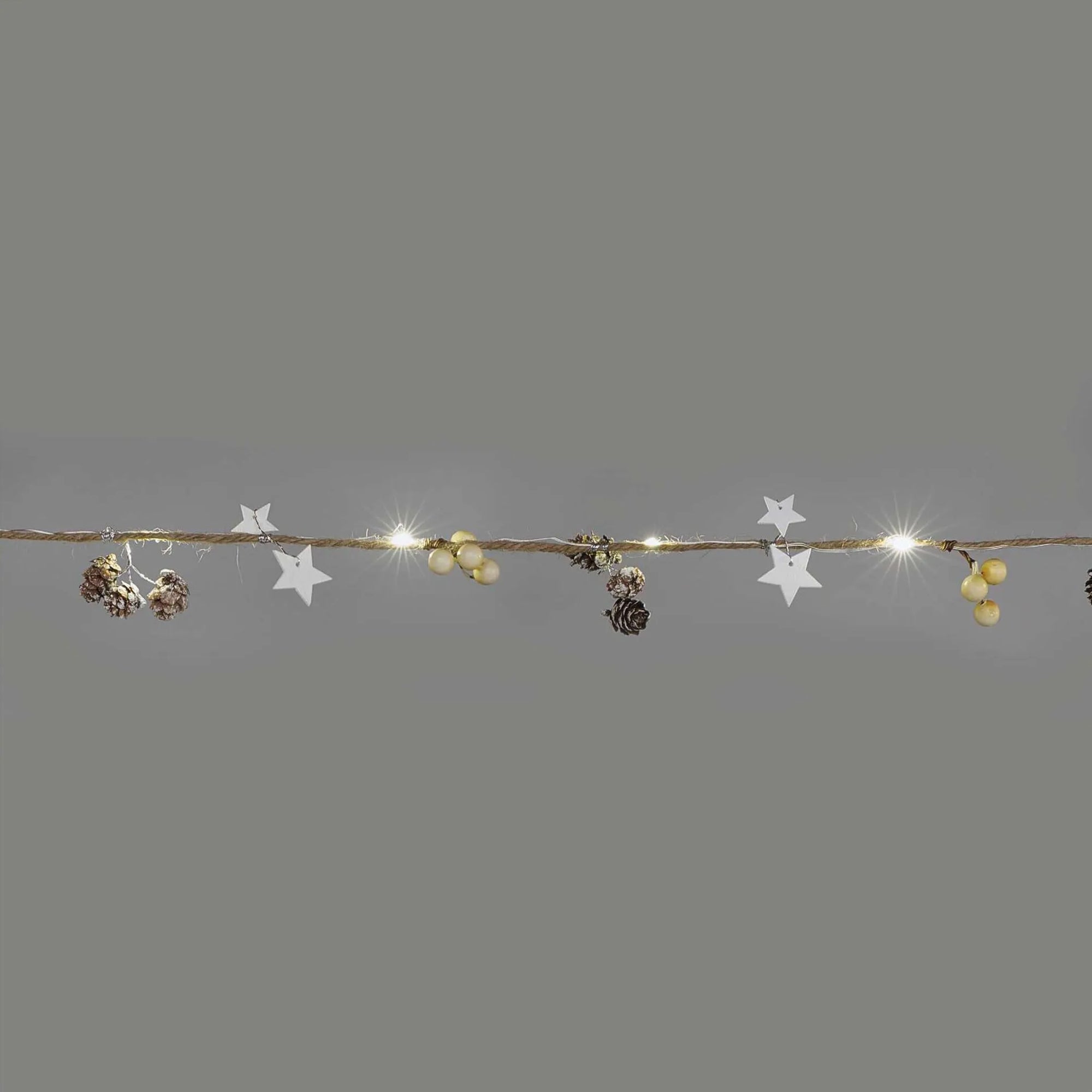 LED Christmas garland, cones, indoor, warm white, 2xAA, 1.7m
