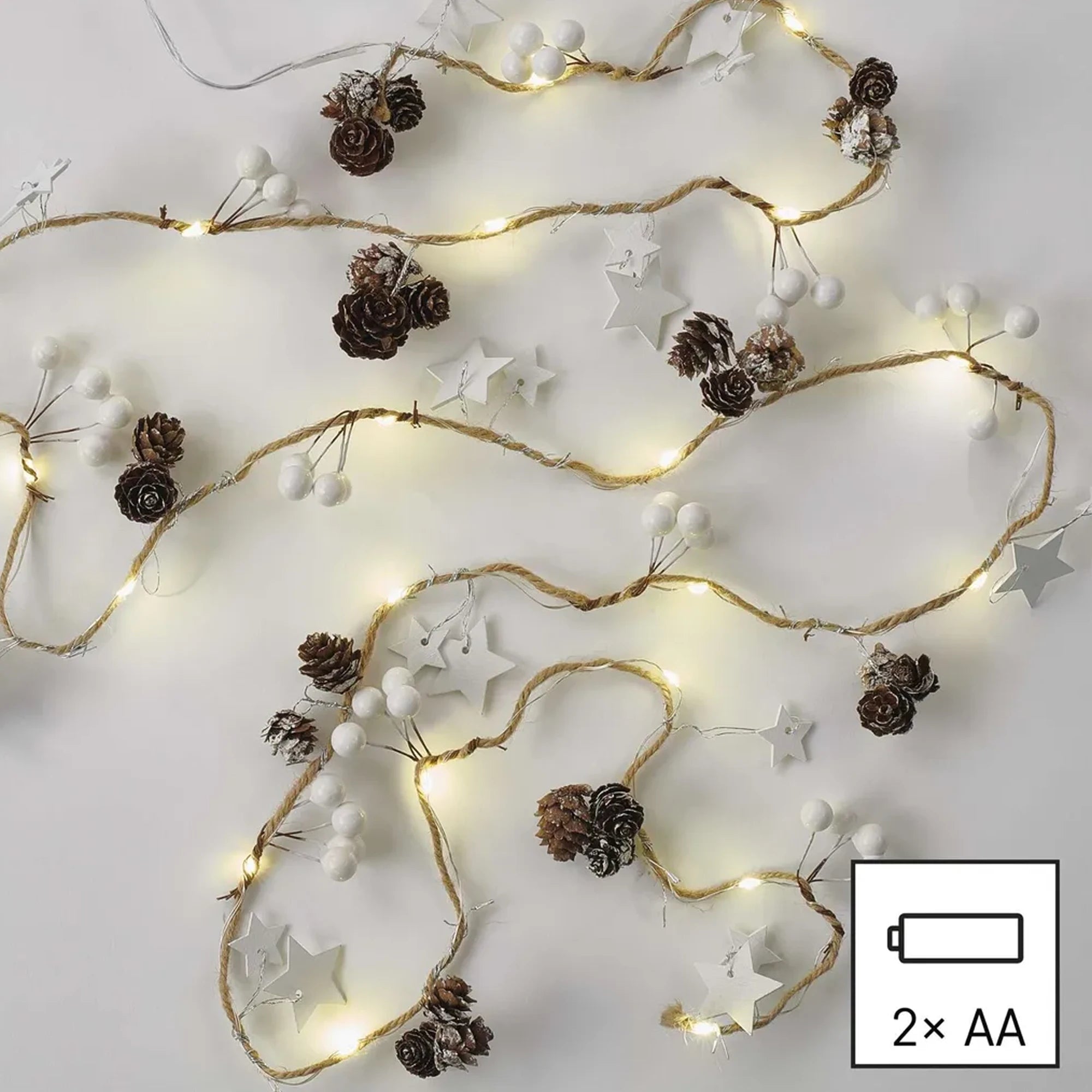 Božićna girlanda, češeri, LED, toplo bijela, 2xAA, IP20, 1.7m