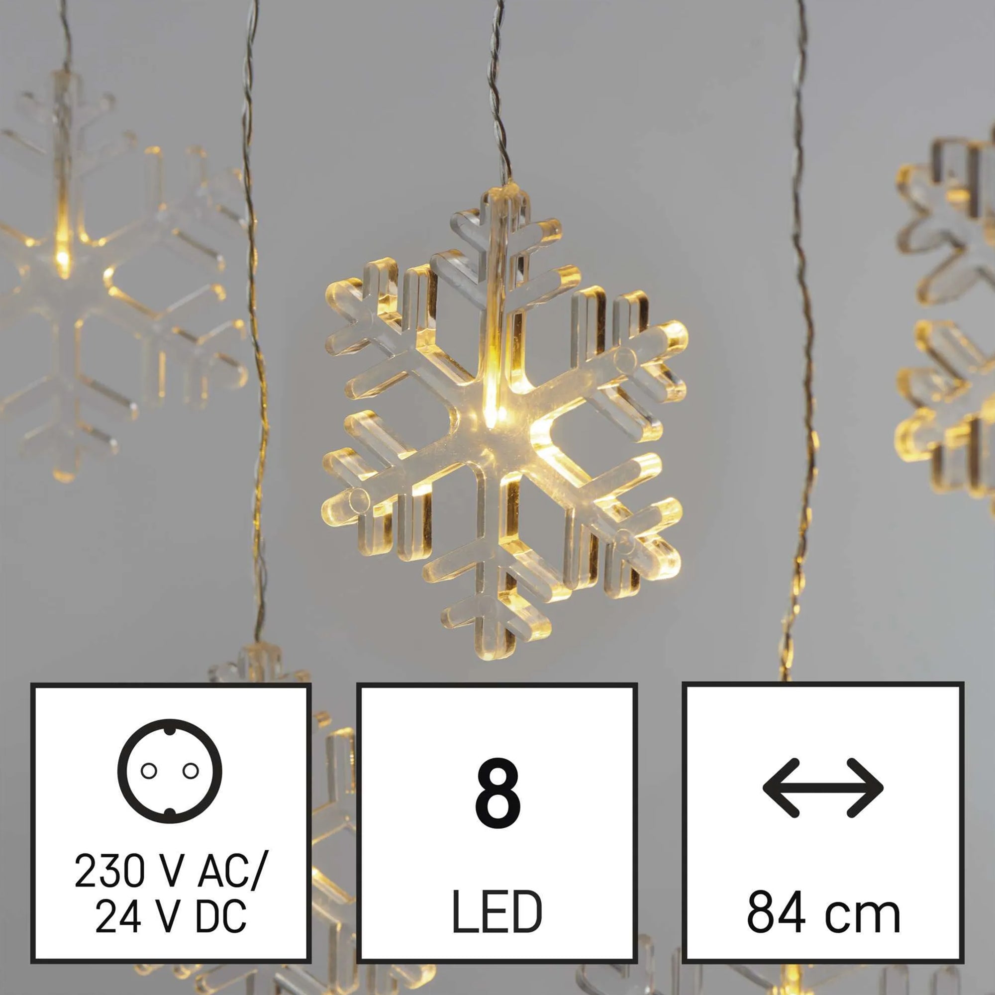 LED Christmas curtain, snowflakes, indoor and outdoor, warm white, 84cm