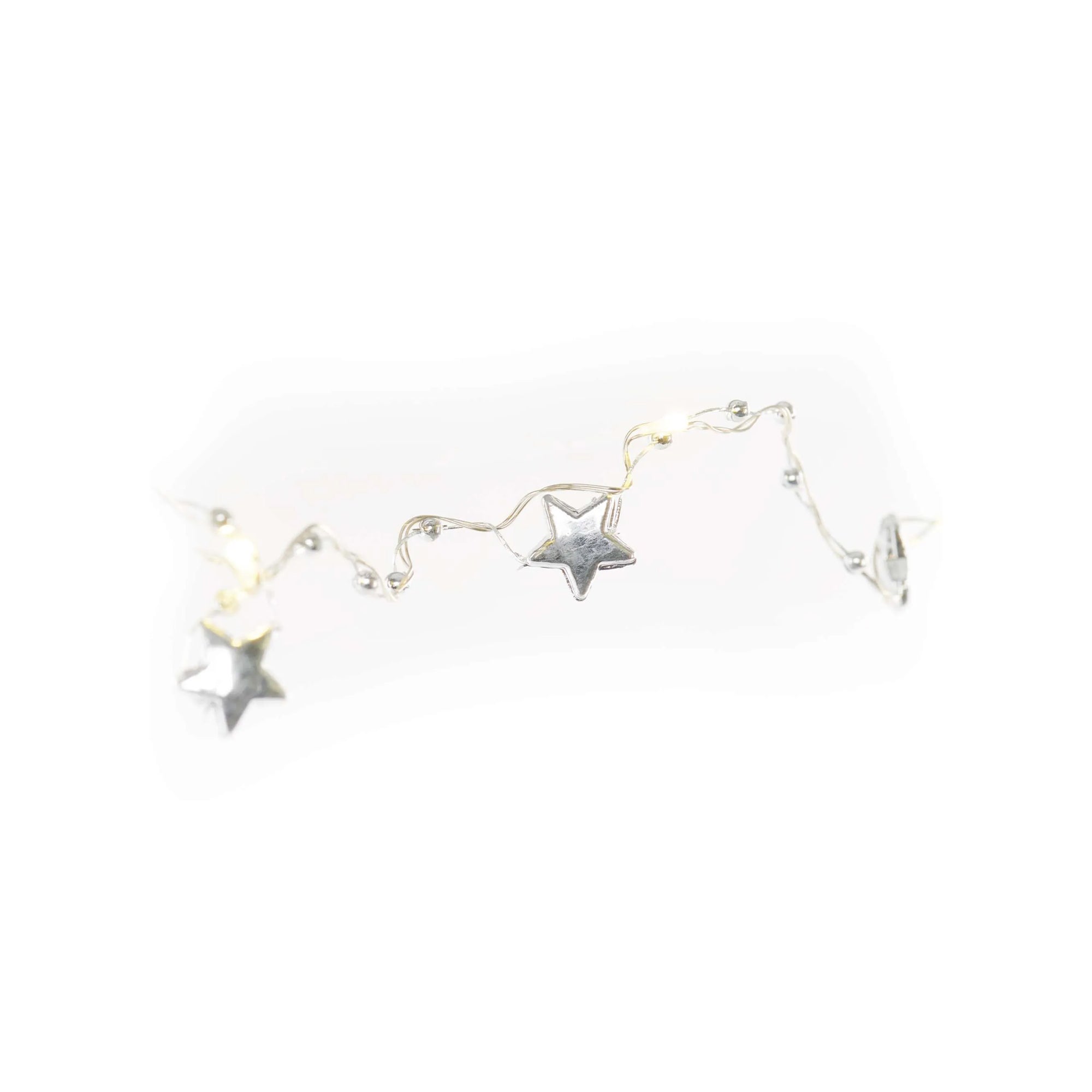 LED Christmas string, stars, indoor, silver, warm white, timer, 2xAA, 1.9m