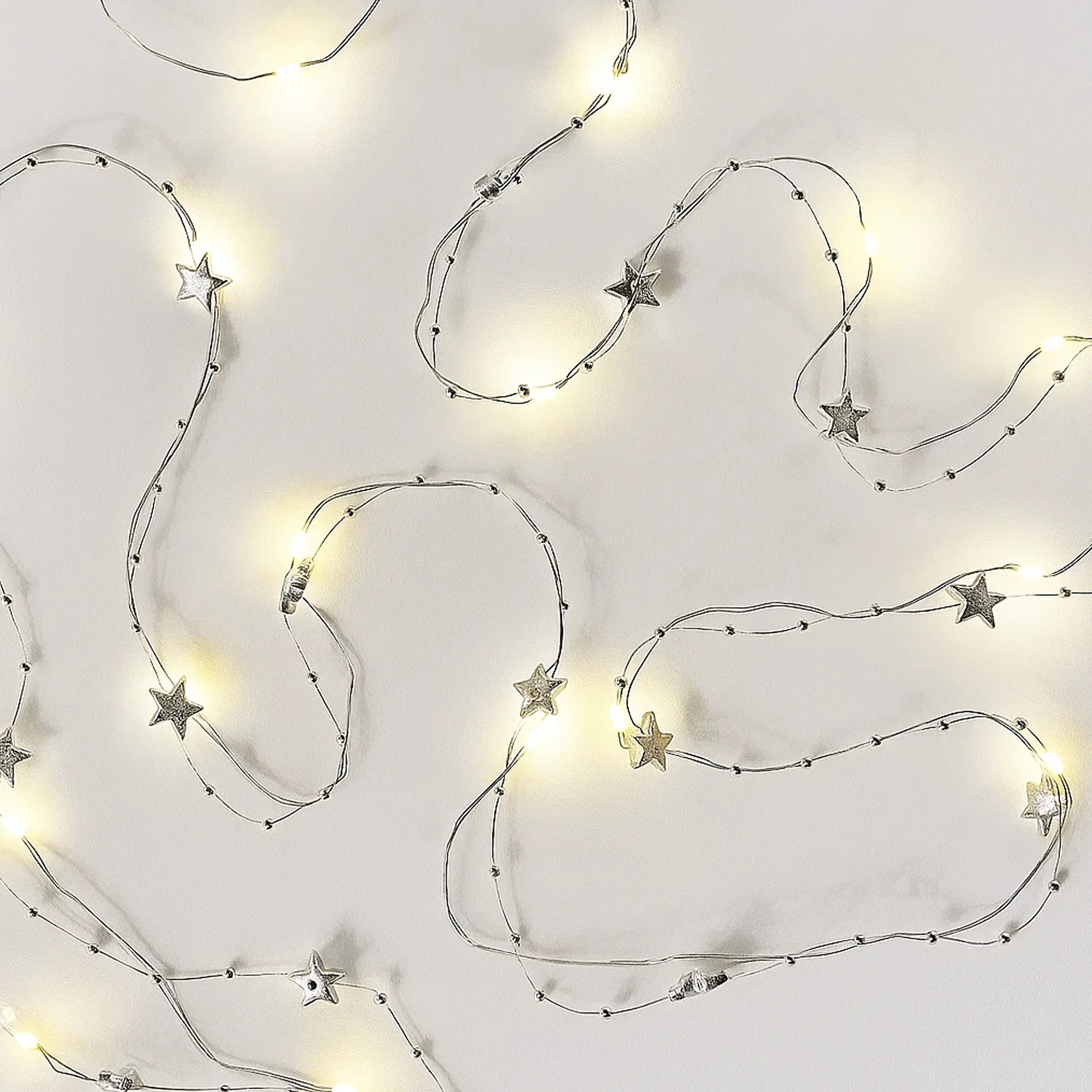 Božićna girlanda, zvijezde, srebrne, LED, toplo bijela, 2xAA, IP20, 1.9m