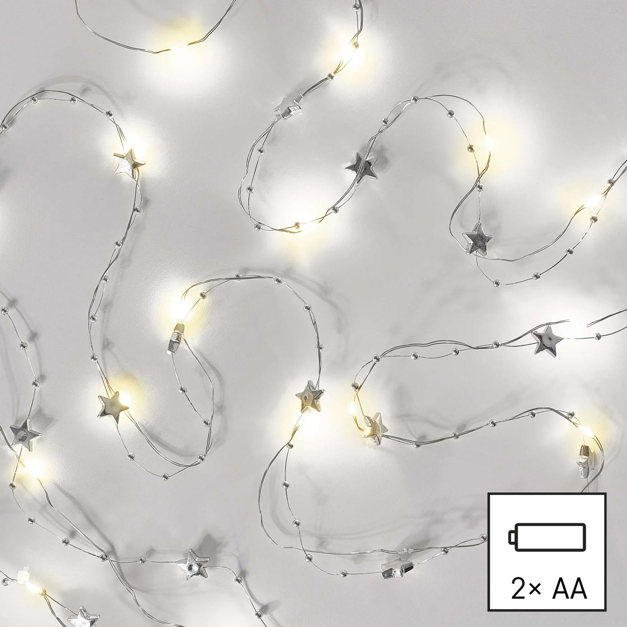 LED Christmas string, stars, indoor, silver, warm white, timer, 2xAA, 1.9m