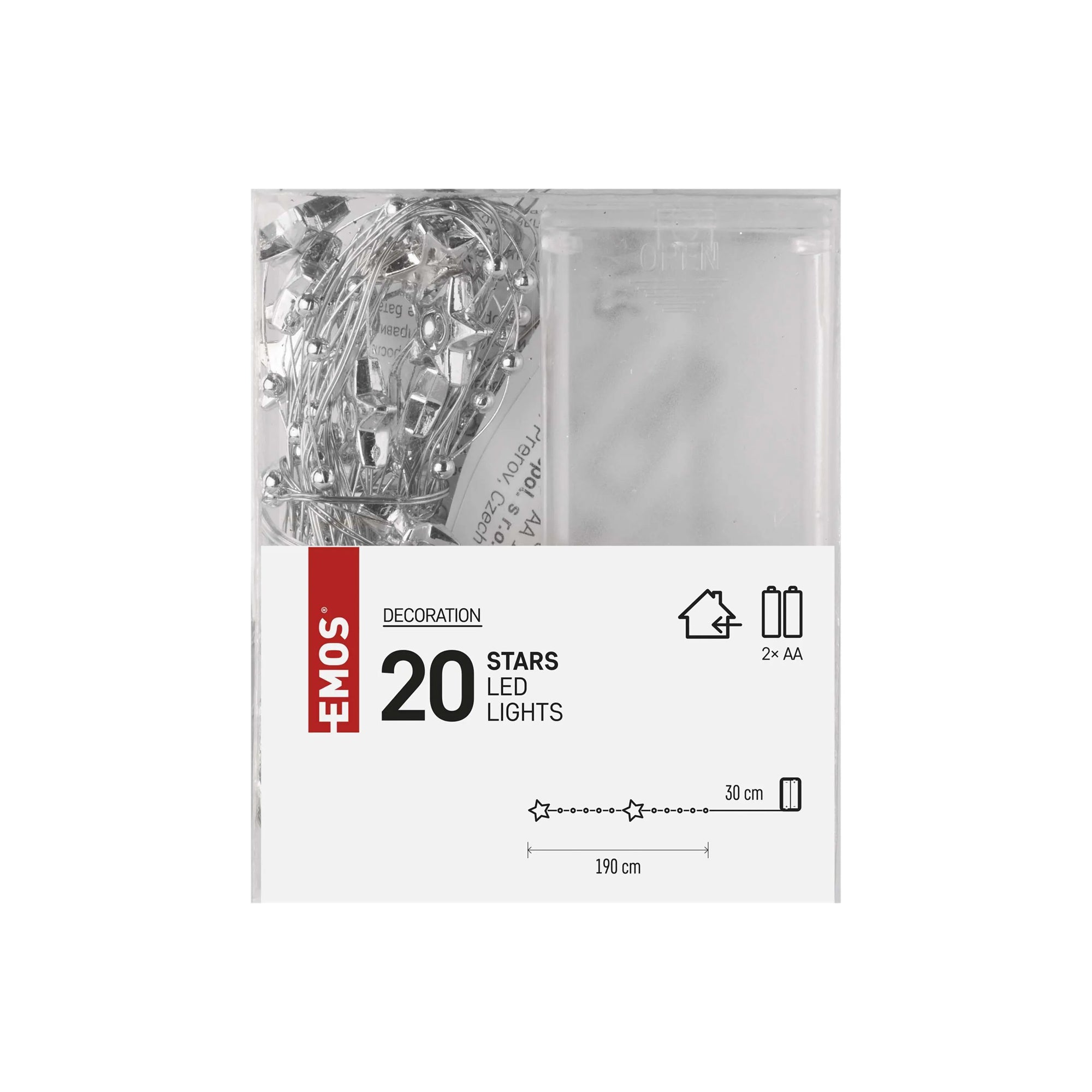 LED Christmas string, stars, indoor, silver, warm white, timer, 2xAA, 1.9m