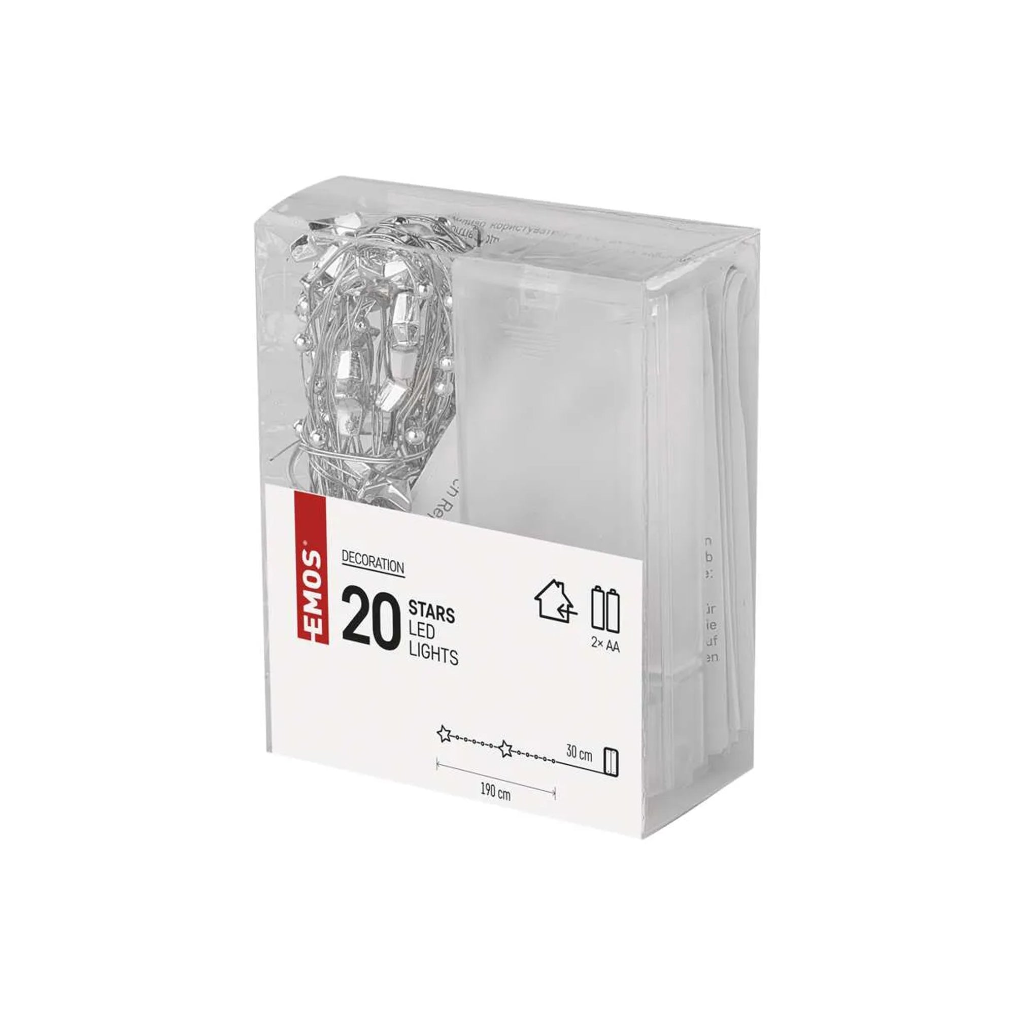 LED Christmas string, stars, indoor, silver, warm white, timer, 2xAA, 1.9m