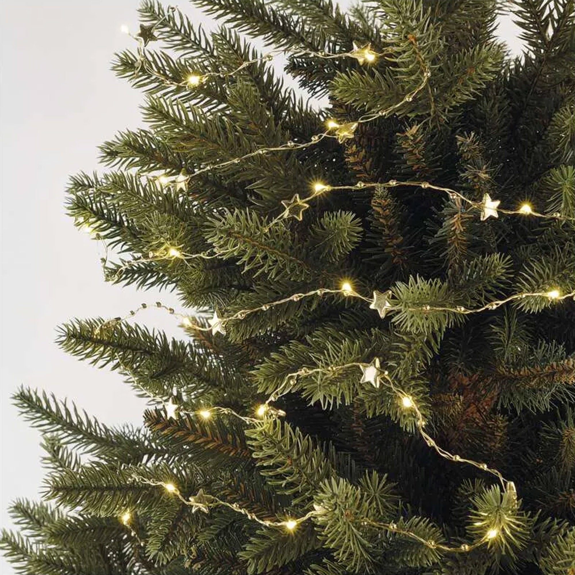 LED Christmas string, stars, indoor, gold, warm white, timer, 2xAA, 1.9m