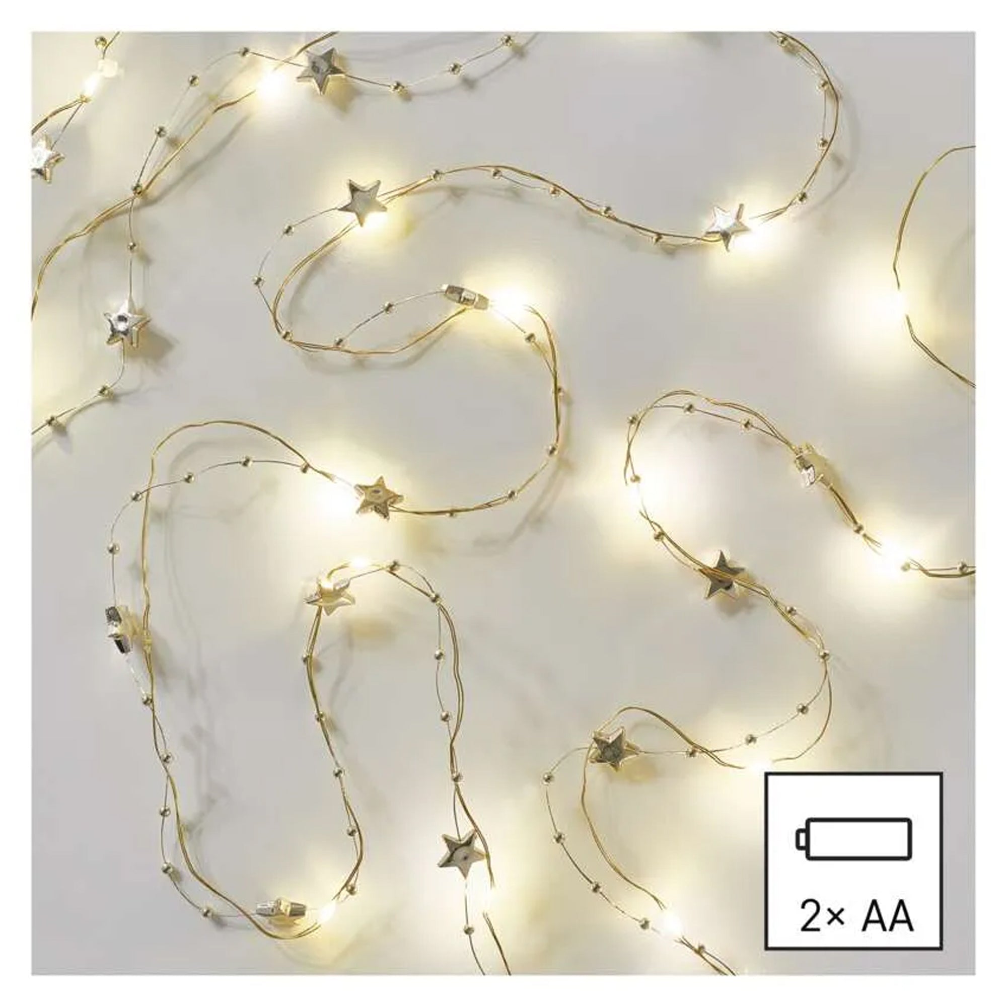 LED Christmas string, stars, indoor, gold, warm white, timer, 2xAA, 1.9m