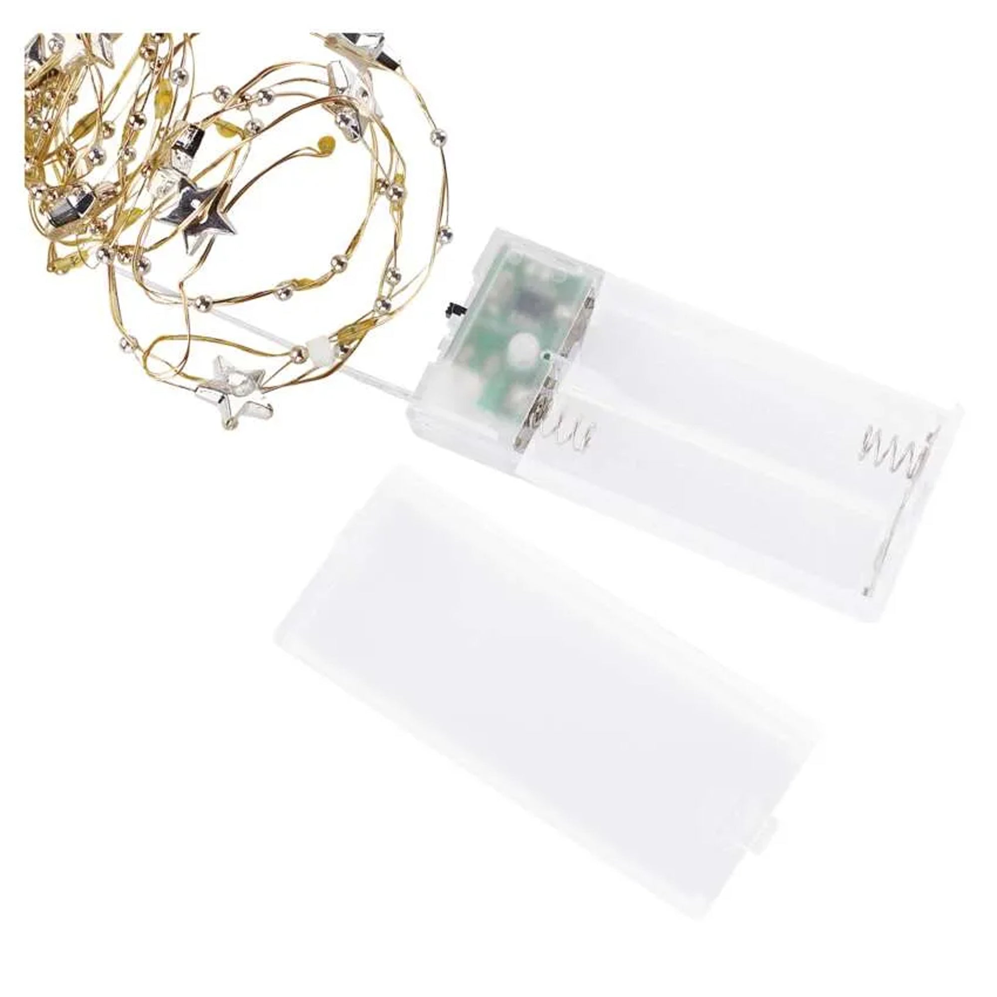 LED Christmas string, stars, indoor, gold, warm white, timer, 2xAA, 1.9m