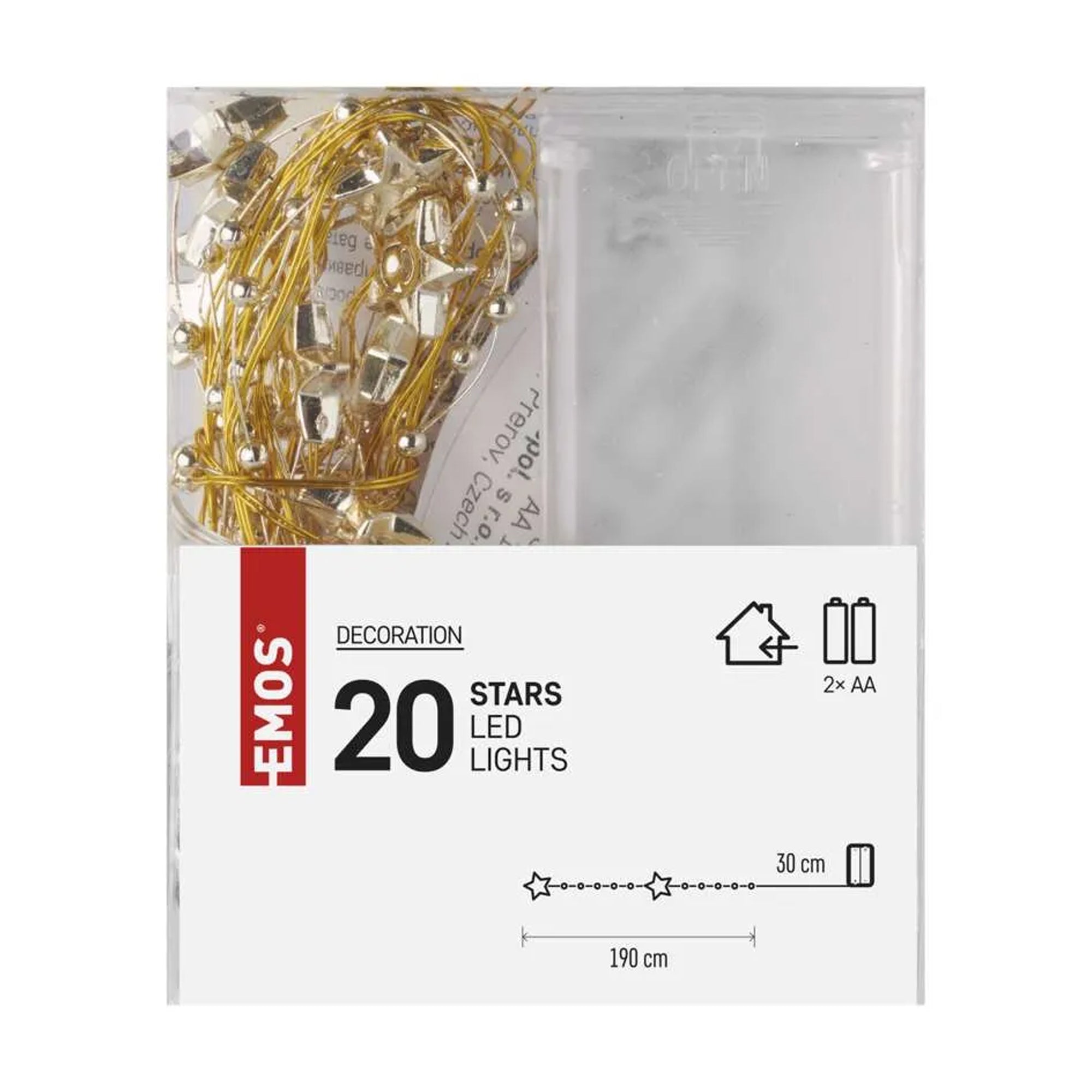 LED Christmas string, stars, indoor, gold, warm white, timer, 2xAA, 1.9m