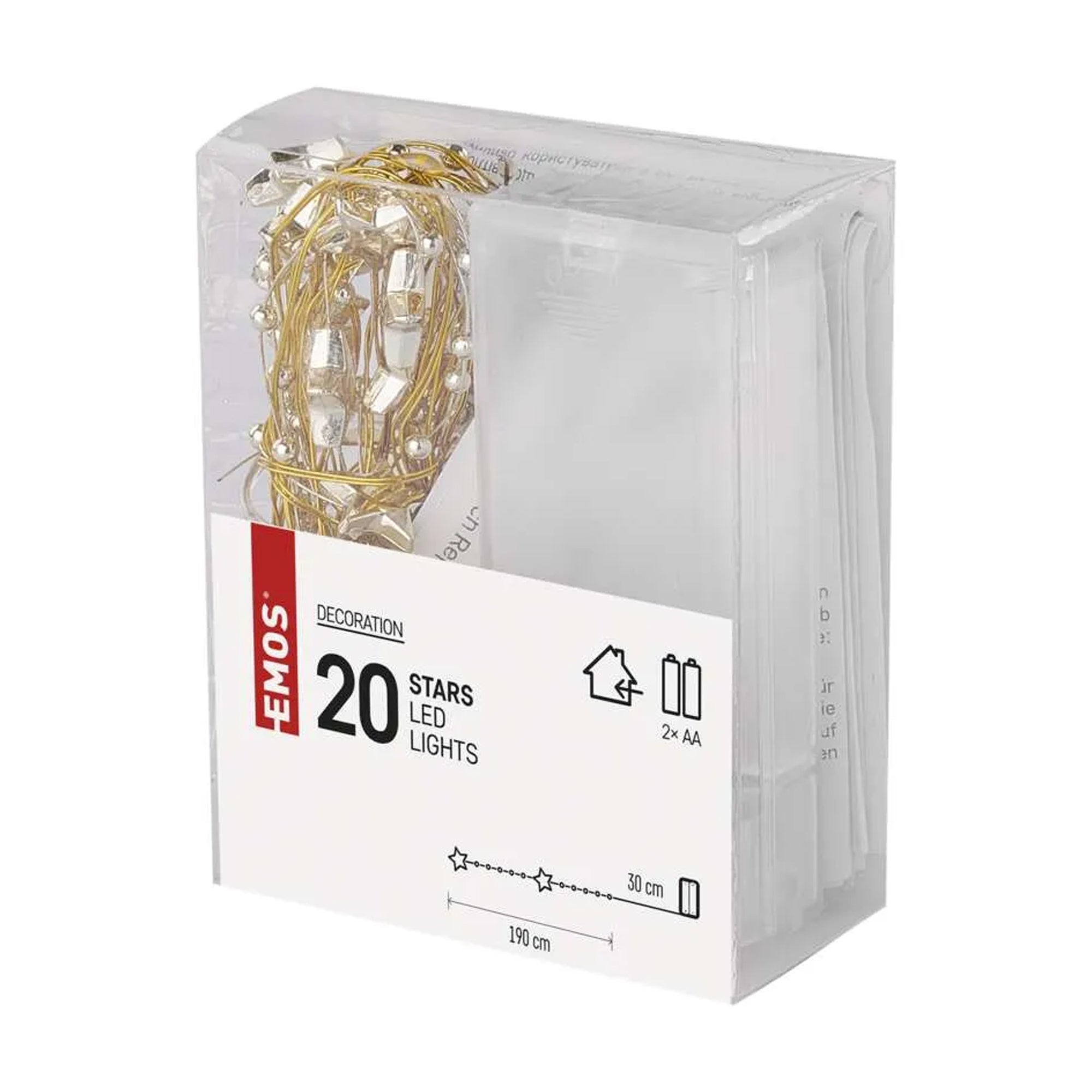 LED Christmas string, stars, indoor, gold, warm white, timer, 2xAA, 1.9m